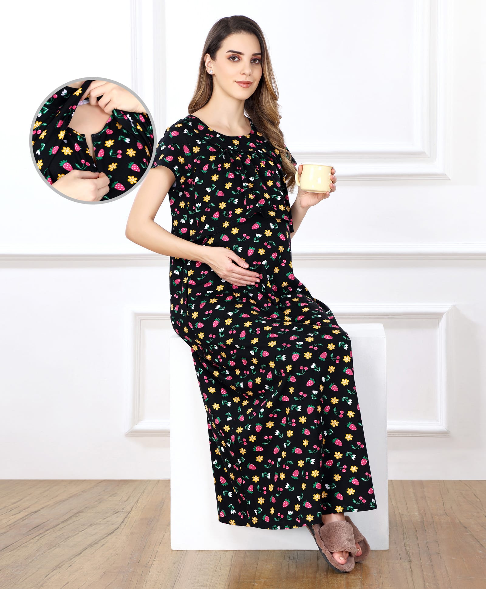 Bella Mama Cotton Knit Half Sleeves Concealed Zipper Strawberry Print Nighty - Black-picture-42