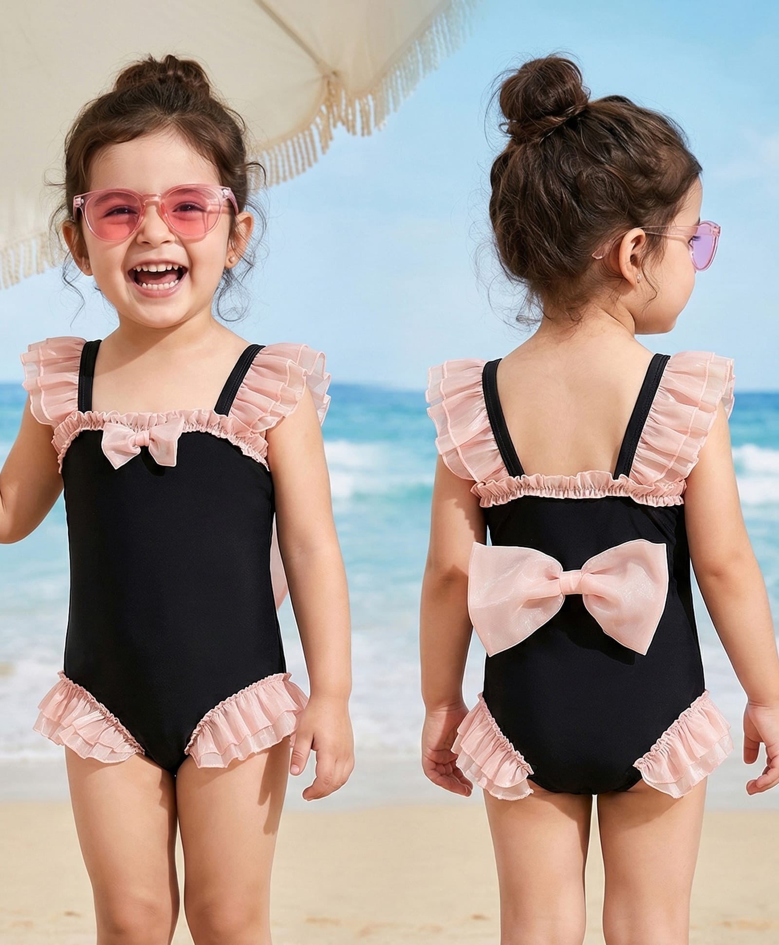 Babyhug Sleeveless V Cut Swimsuit with Frill & Bow Detailing - Black