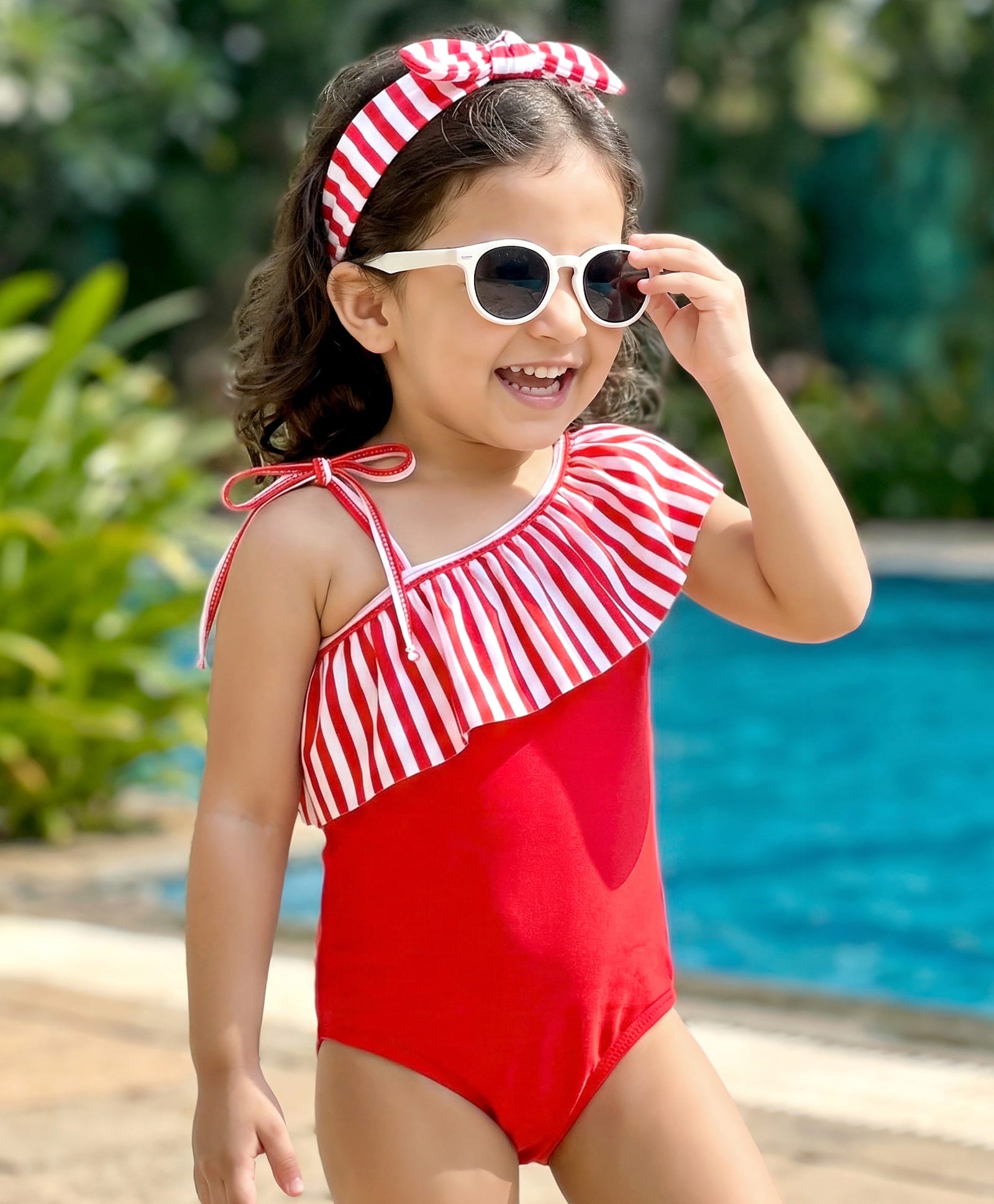 Babyhug Sleeveless V Cut Striped Swimsuit with Headband - Red-image-37