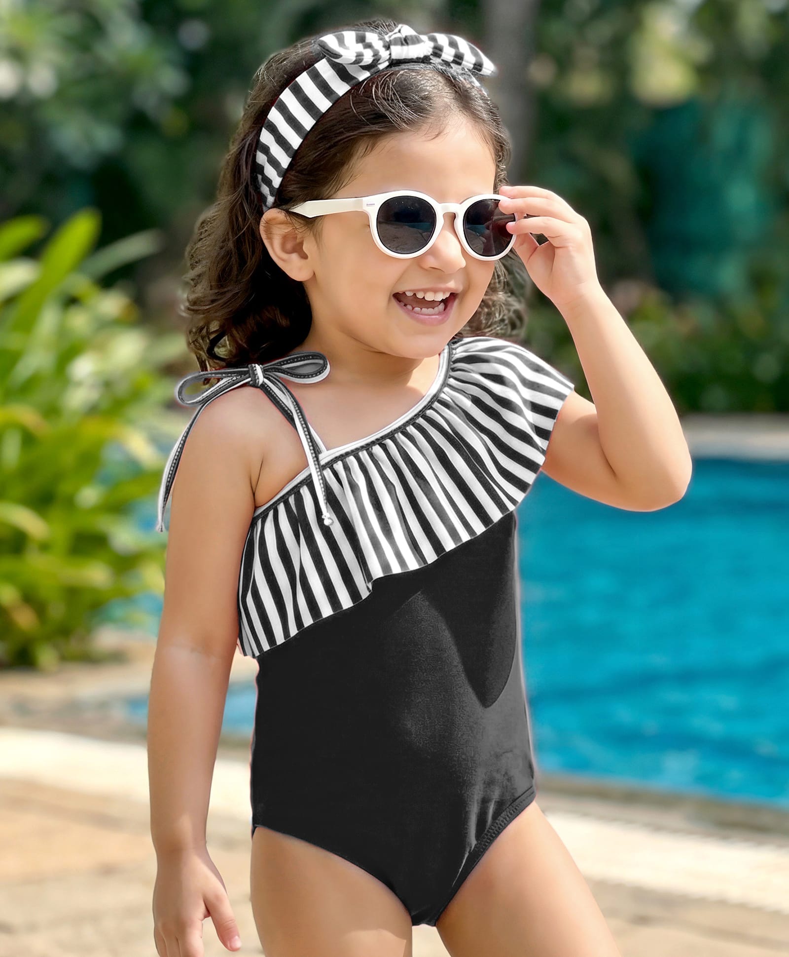 Babyhug Sleeveless V Cut Striped Swimsuit with Headband - Black-image-1