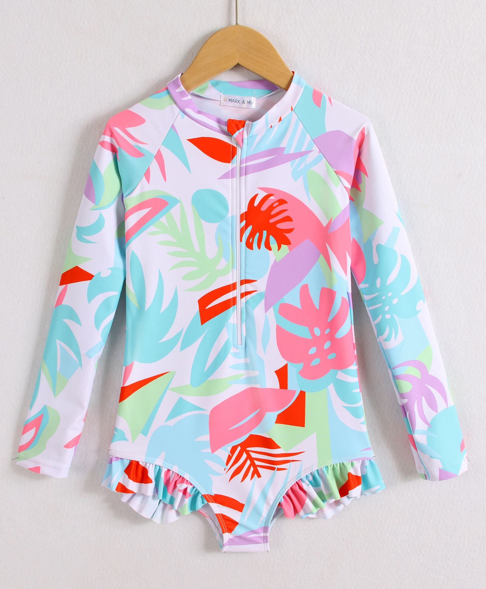 Mark & Mia Full Sleeves V Cut Swimsuit Leaf Print - Pink & Blue