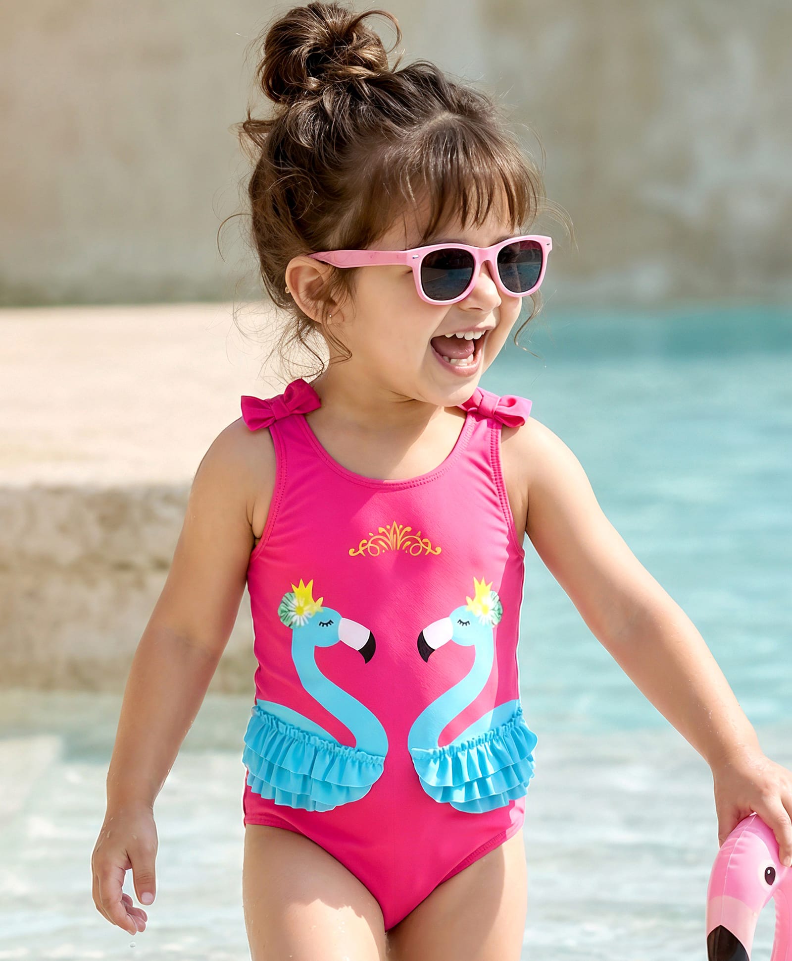 Babyhug Sleeveless V Cut Swimsuit Flamingo Print and Bow Detailing - Fuschia