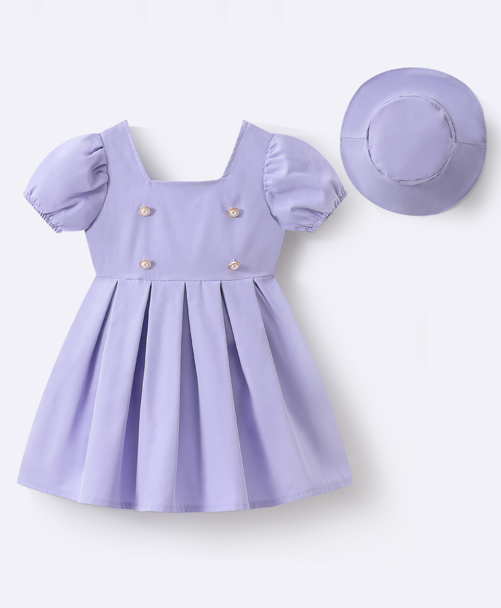 Mark & Mia Half Puffed Sleeves Solid Color Pleated Party Frock with Hat & Button Detailing - Purple-image-10