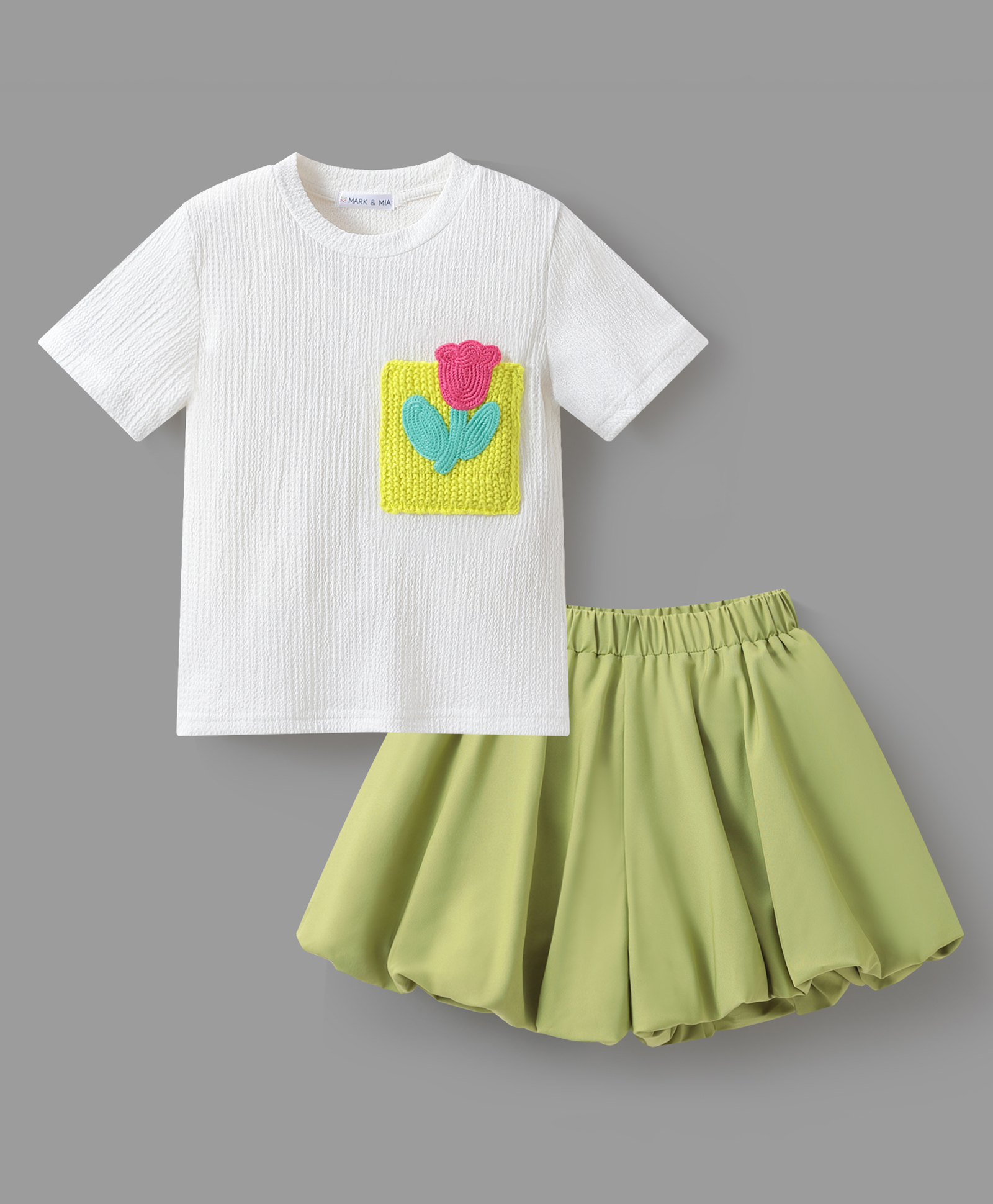 Mark & Mia Half Sleeves Top & Divider Set with Floral Embroidery - White & Light Green-image-38