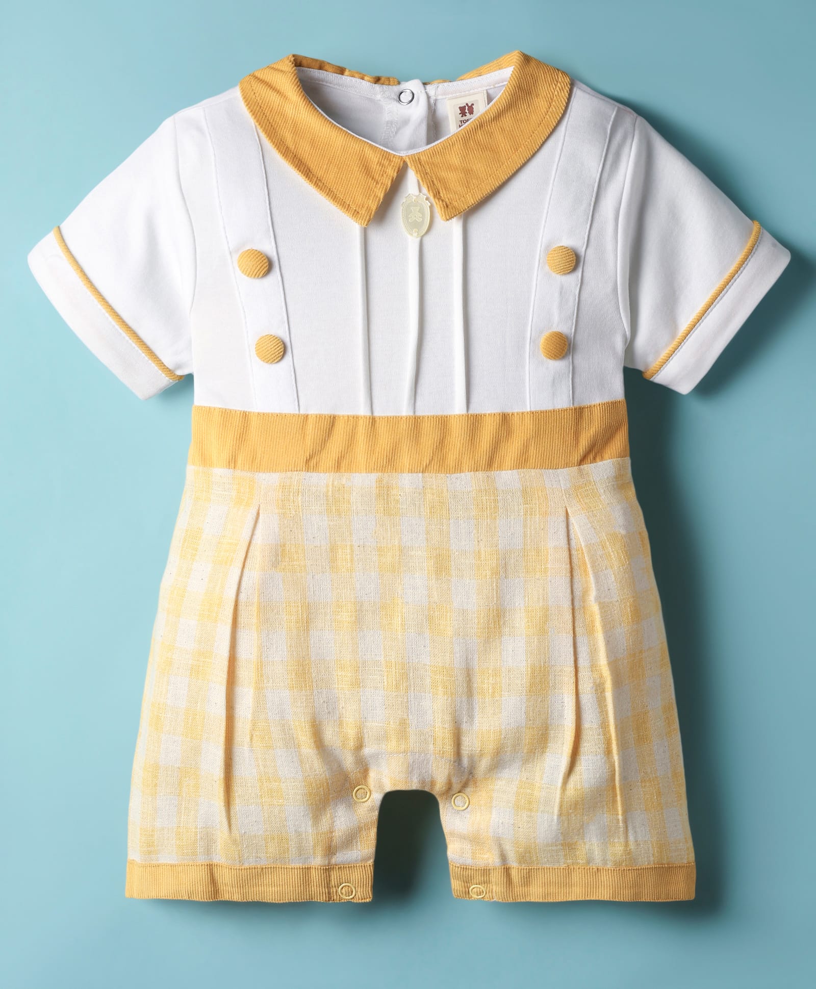 ToffyHouse Cotton Woven Half Sleeves Rompers With Checks & Collar Neck - Golden & White-image-32