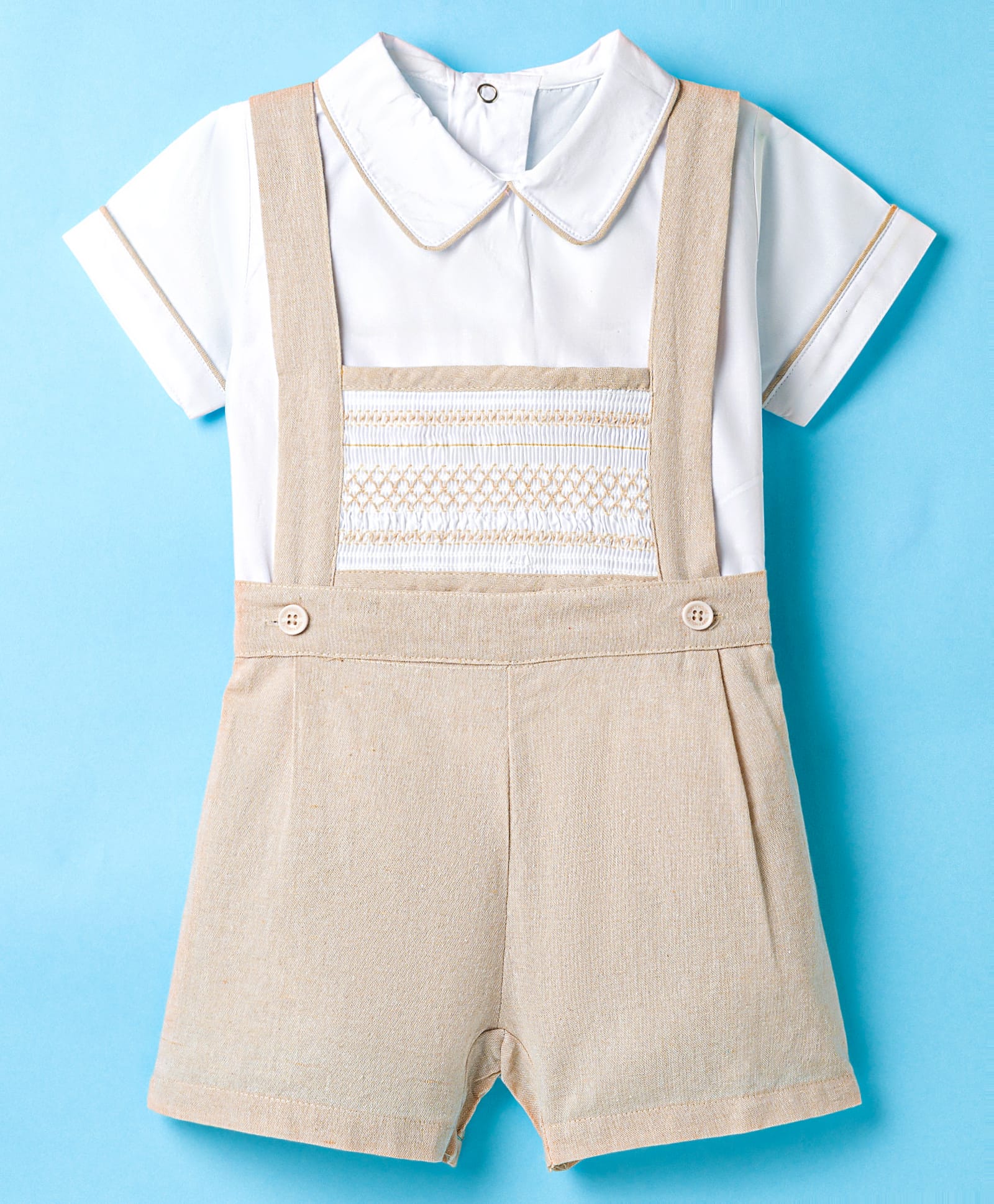 ToffyHouse Cotton Knit Half Sleeves Solid Party T-Shirt & Shorts Set With Attached Suspender - Khaki-picture-16