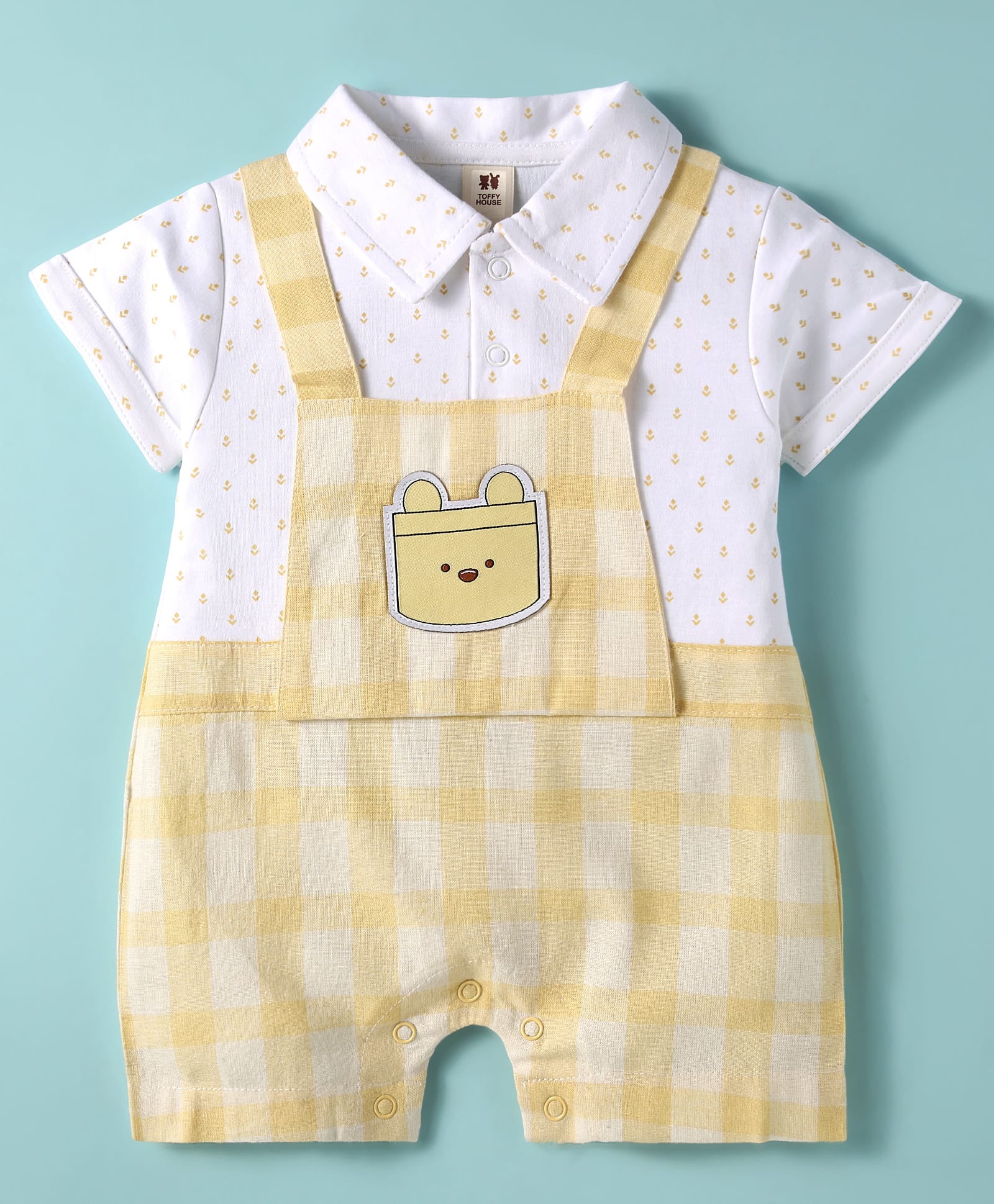 ToffyHouse Cotton Knit Half Sleeves Checks Romper With Floral Print - Lemon Yellow & White-image-37