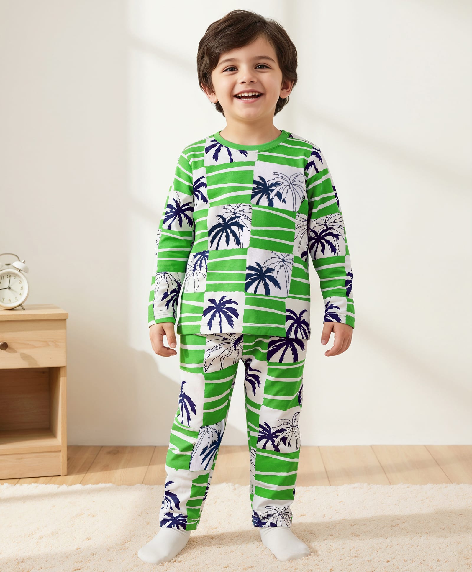 Babyhug Cotton Knit Full Sleeves Night Suit with Coconut Tree Print - Green & White-image-34