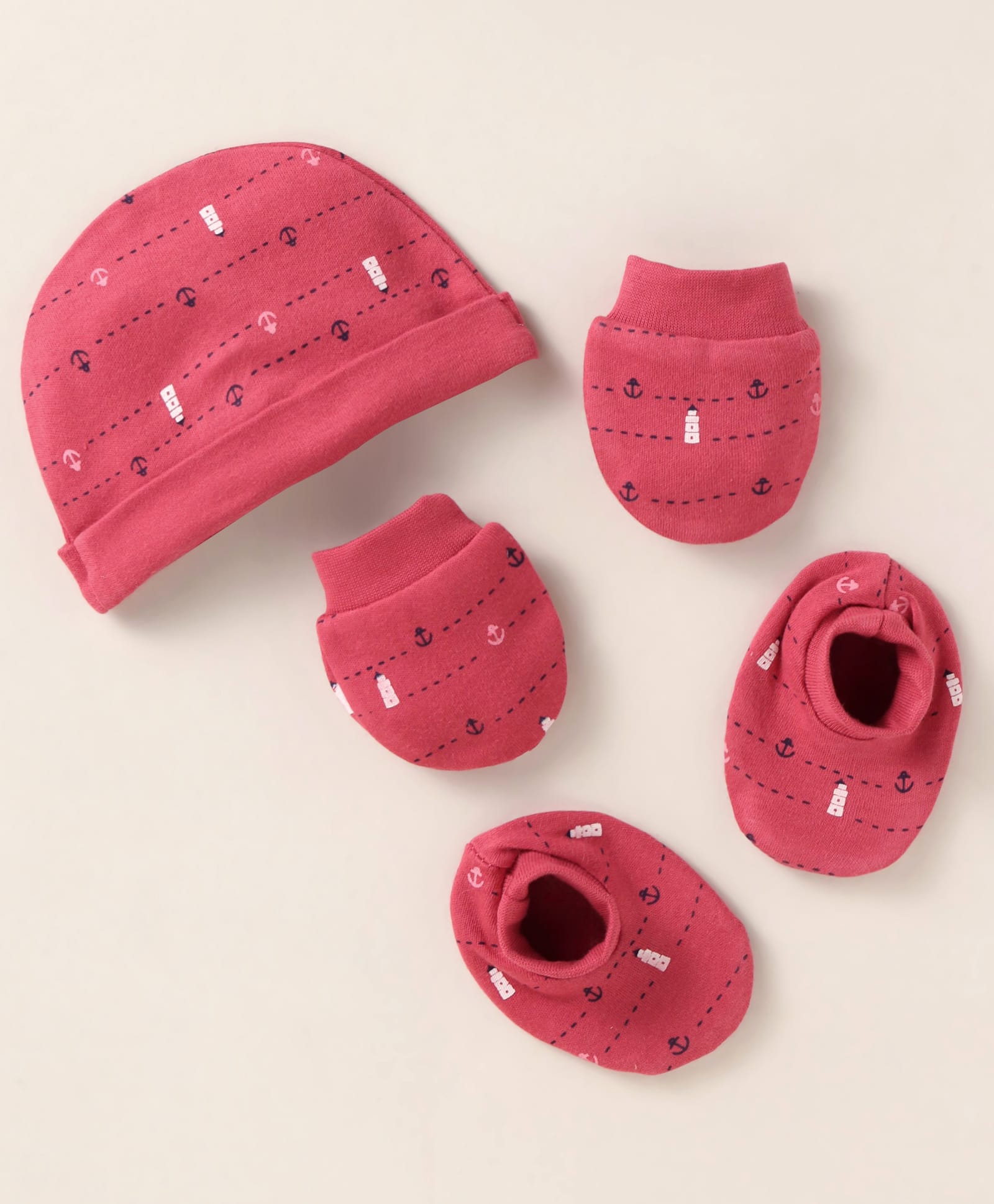 Simply Interlock Knit Cap Mitten & Booties Set with Nautical Theme Print Red - Diameter 10.5 cm-image-46