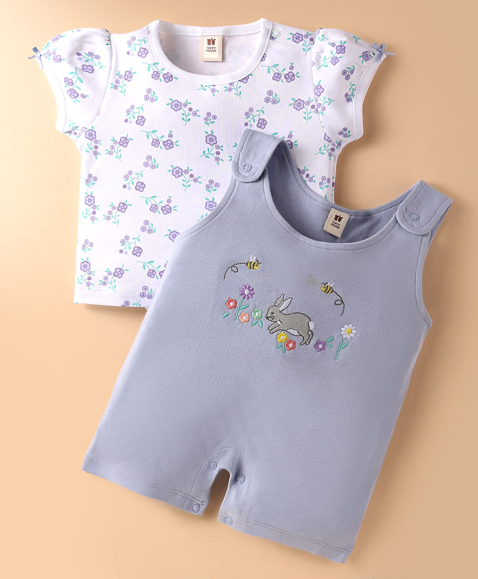 ToffyHouse Cotton Knit Half Sleeves T-Shirt & Dungaree Style Romperwith Floral Print -Lavender & White-picture-10