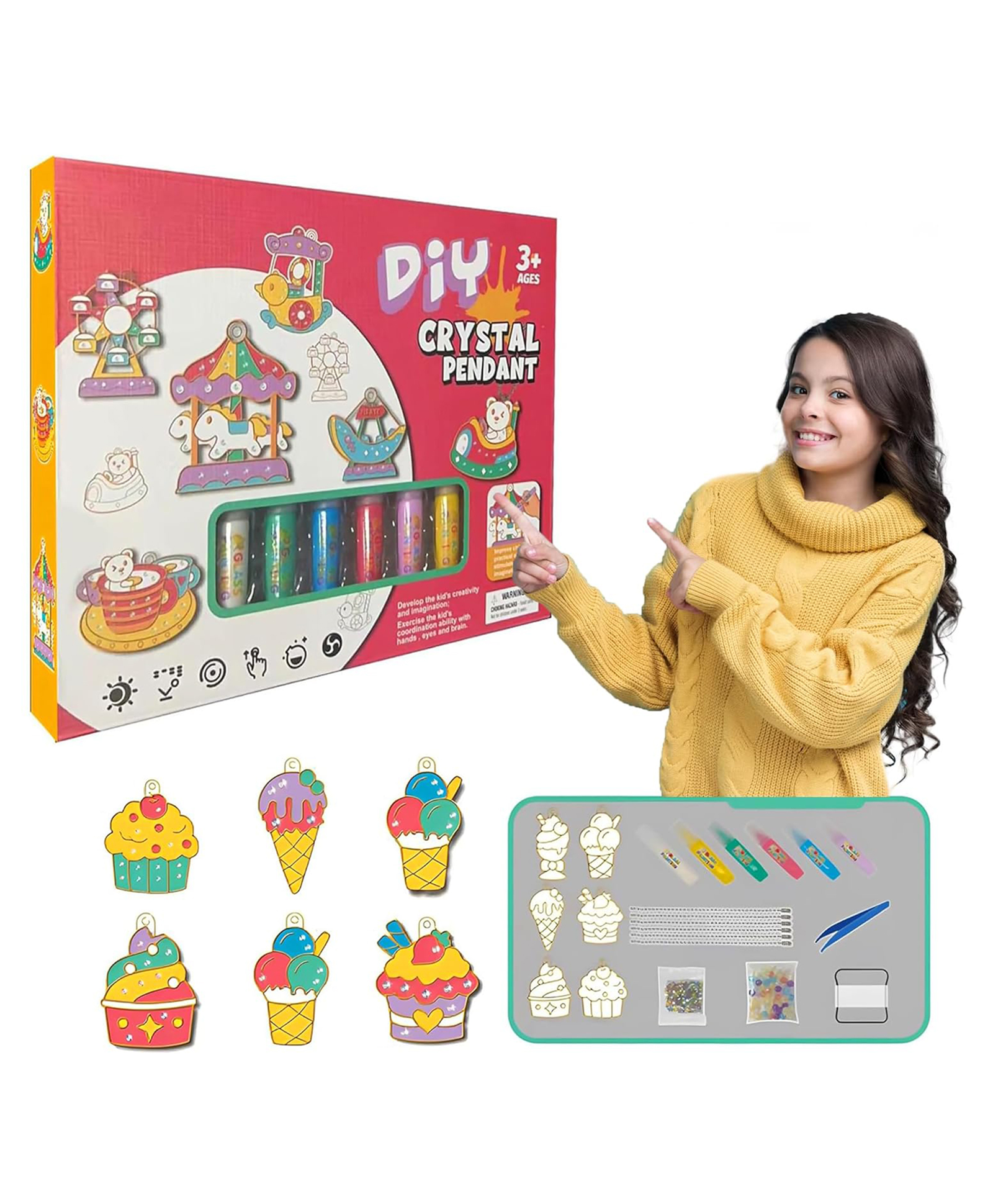 Urbane Chic DIY Crystal Pendant Craft Kit, 6 Pendants, 6 Colored Pencils, Beads, Strings-Multicolor(color may vary)-picture-27