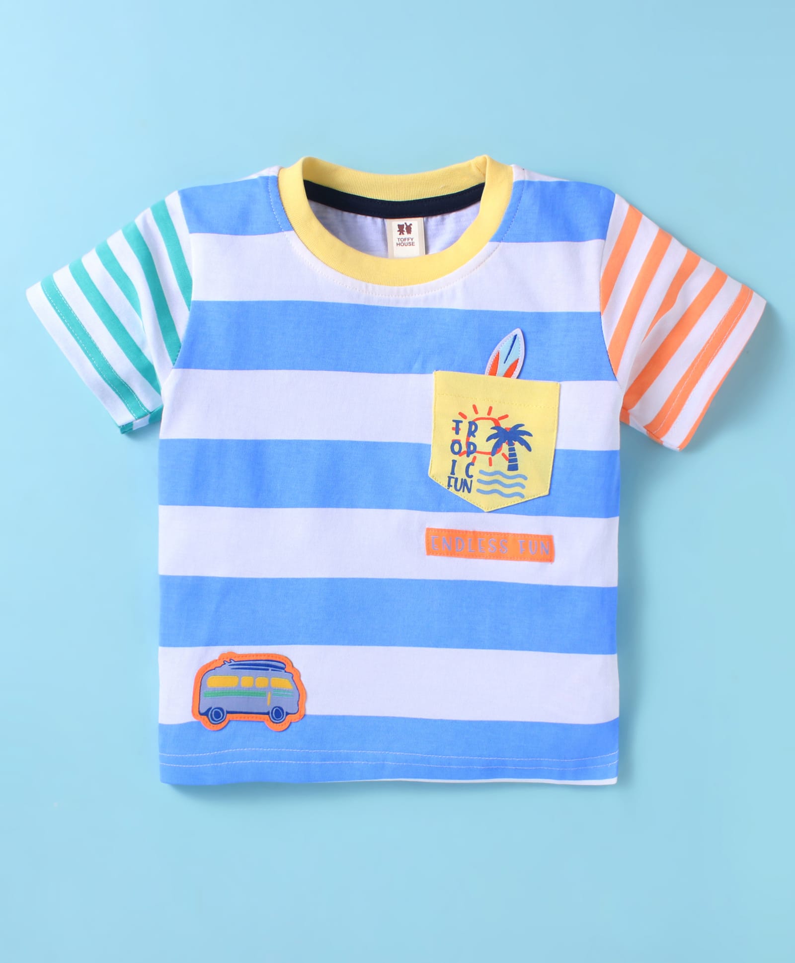 ToffyHouse Single Jersey Knit Half Sleeves Striped T-Shirt with Beach Theme Print & Patch - White-picture-33
