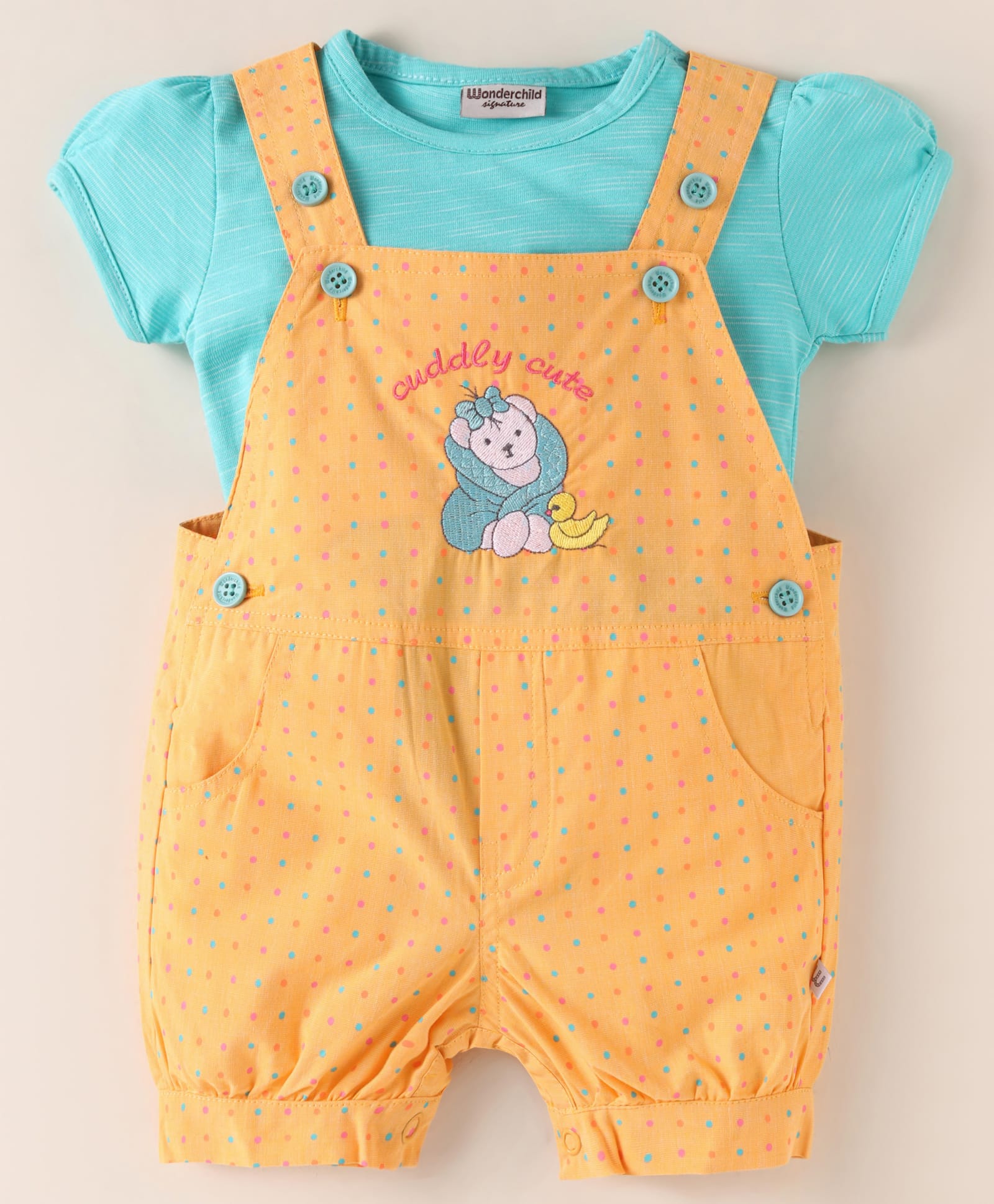 Wonderchild Teddy Bear Embroidered Polka Dots Printed Dungaree With Half Puffed Sleeves Top - Mango-picture-12