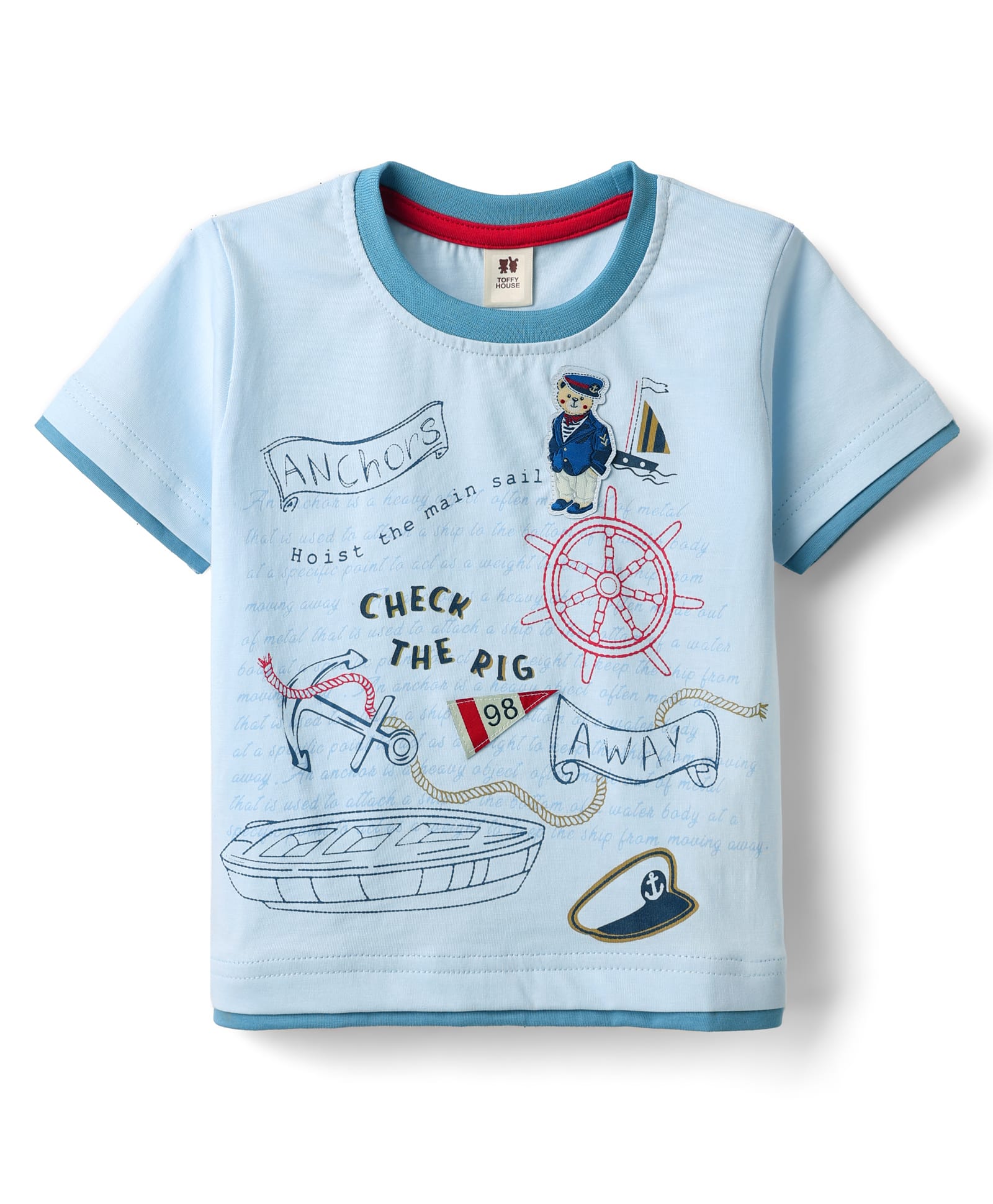 ToffyHouse Single Jersey Knit Half Sleeves T-Shirt with Nautical Theme Print & Patch Detailing - Light Blue-picture-34