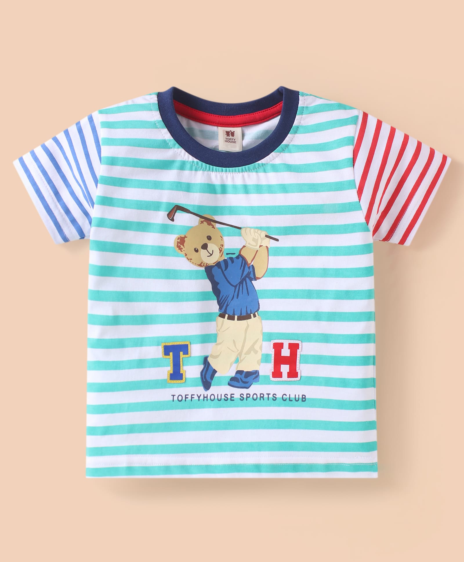 ToffyHouse Single Jersey Knit Half Sleeves Striped T-Shirt with Bear Print - White-image-36
