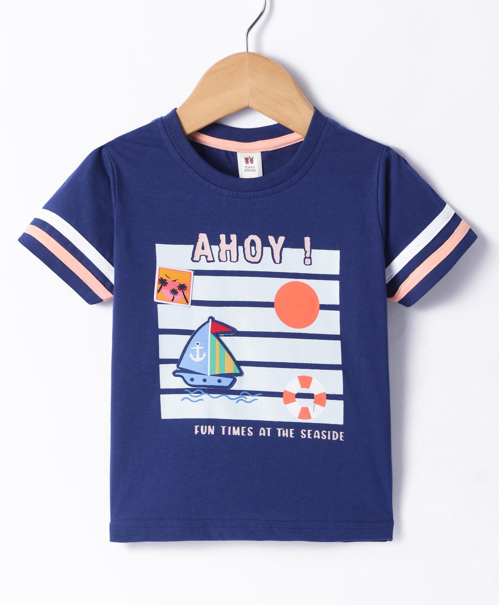 ToffyHouse Single Jersey Knit Half Sleeves T-Shirt with Beach Theme Print - Navy Blue-image-37
