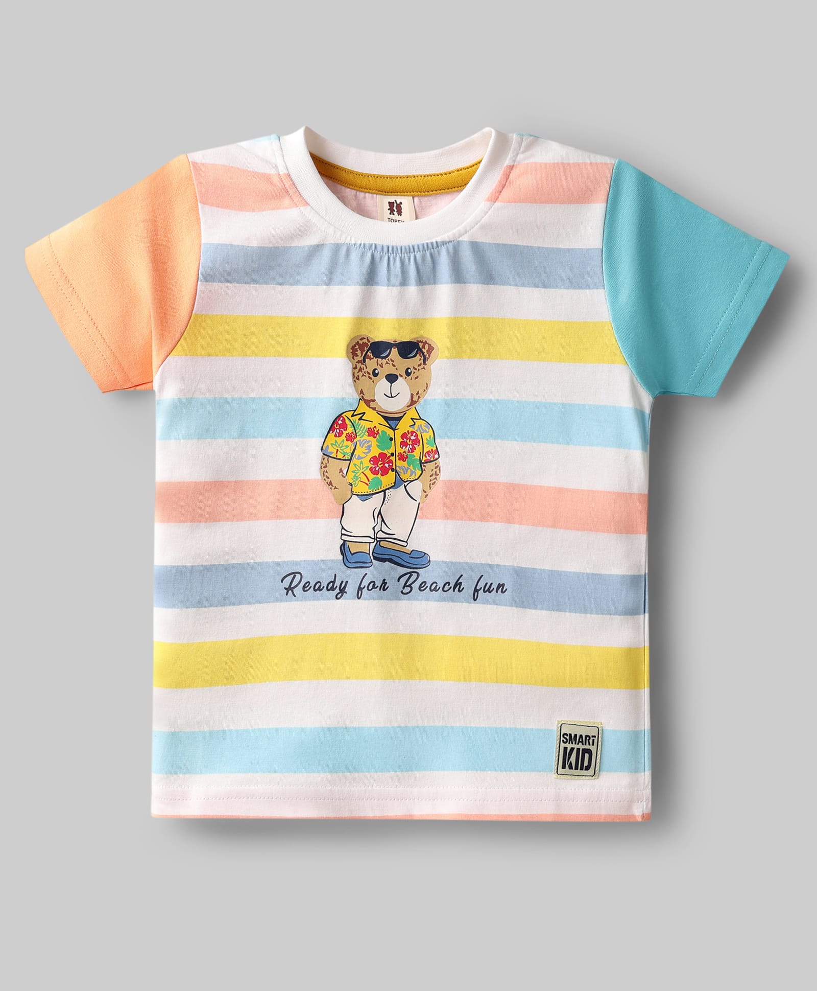 ToffyHouse Single Jersey Knit Half Sleeves T-Shirt With Stripes & Teddy Print - White & Light Blue-image-21