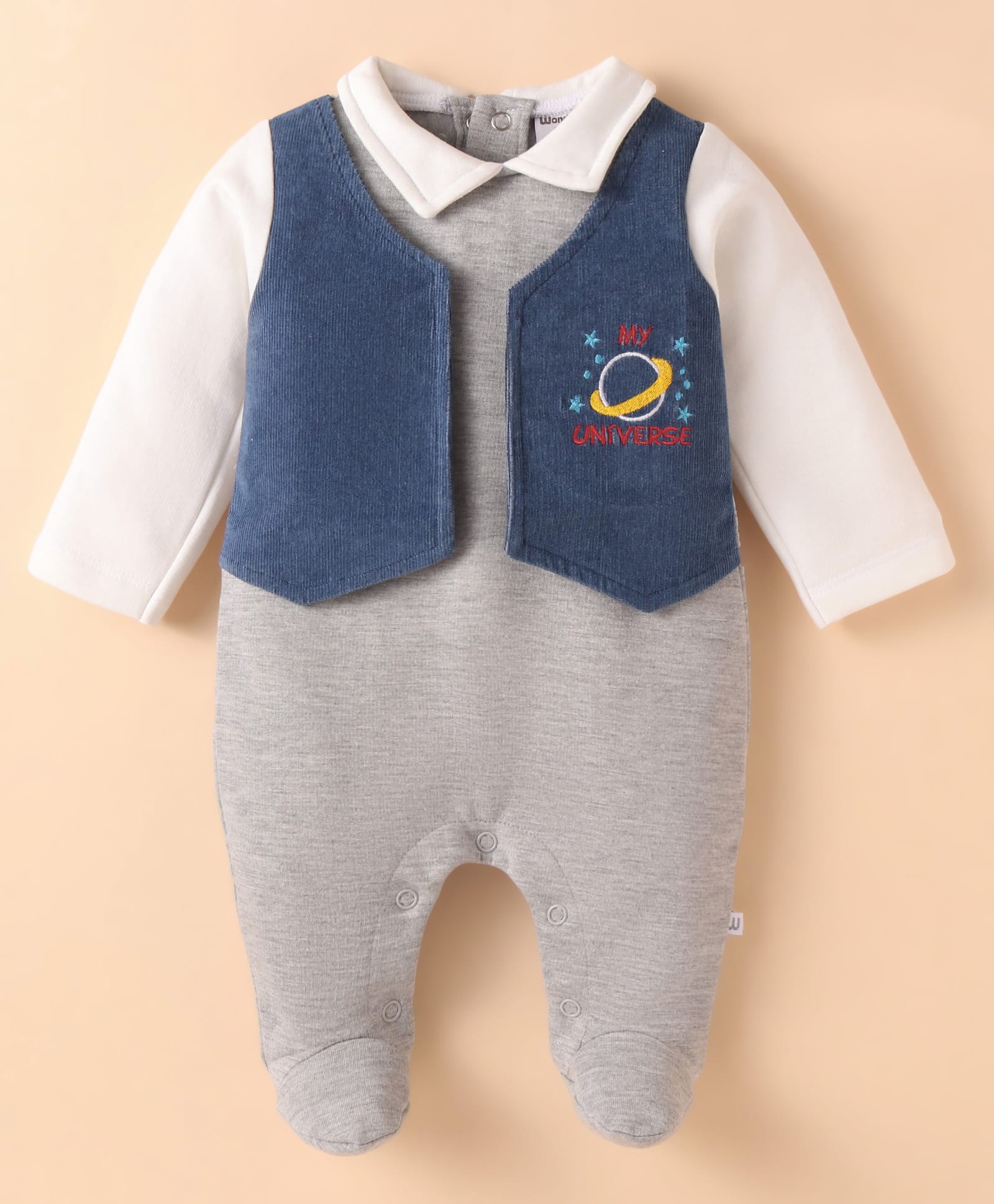 Wonderchild Colour Blocked Romper With Attached Universe Text Embroidered Jacket - Dull White & Grey-image-25