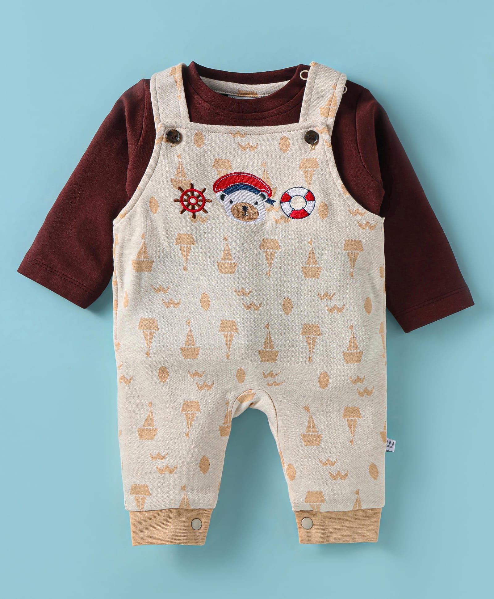 Wonderchild Teddy Bear Embroidered & Boats Printed Romper With Full Sleeves Solid Tee - Brown & Skin-image-37