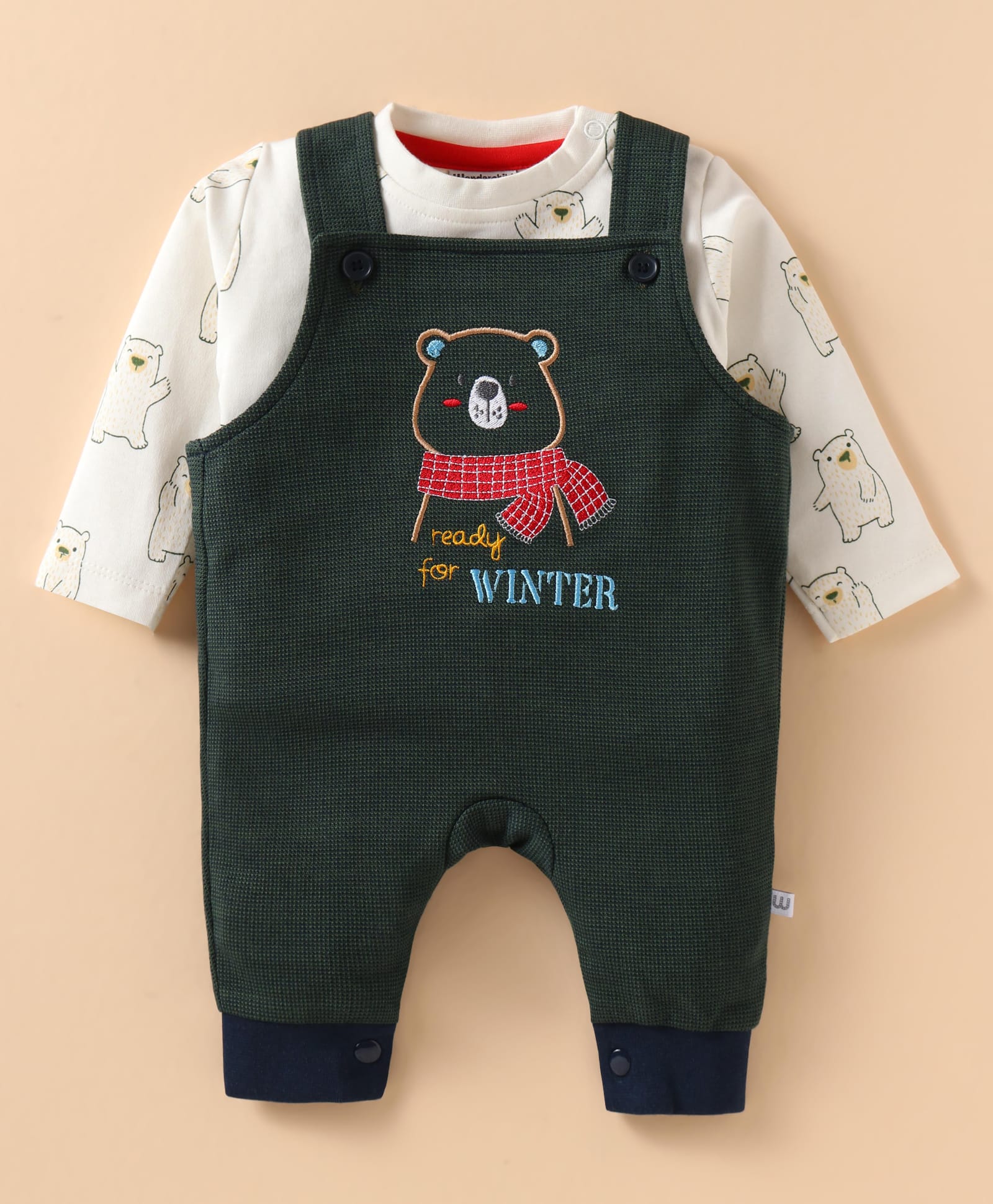 Wonderchild Teddy Bear Embroidered Dungaree With Full Sleeves Tee - White & Medium Green-image-5