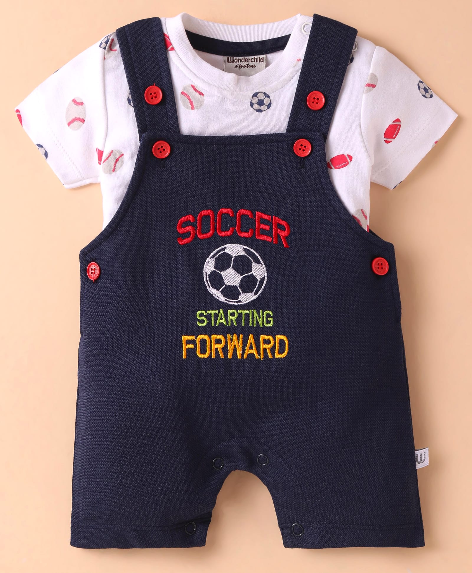 Wonderchild Typography Embroidered Romper With Half Sleeves Sports Theme Printed Tee - White & Navy Blue-image-22