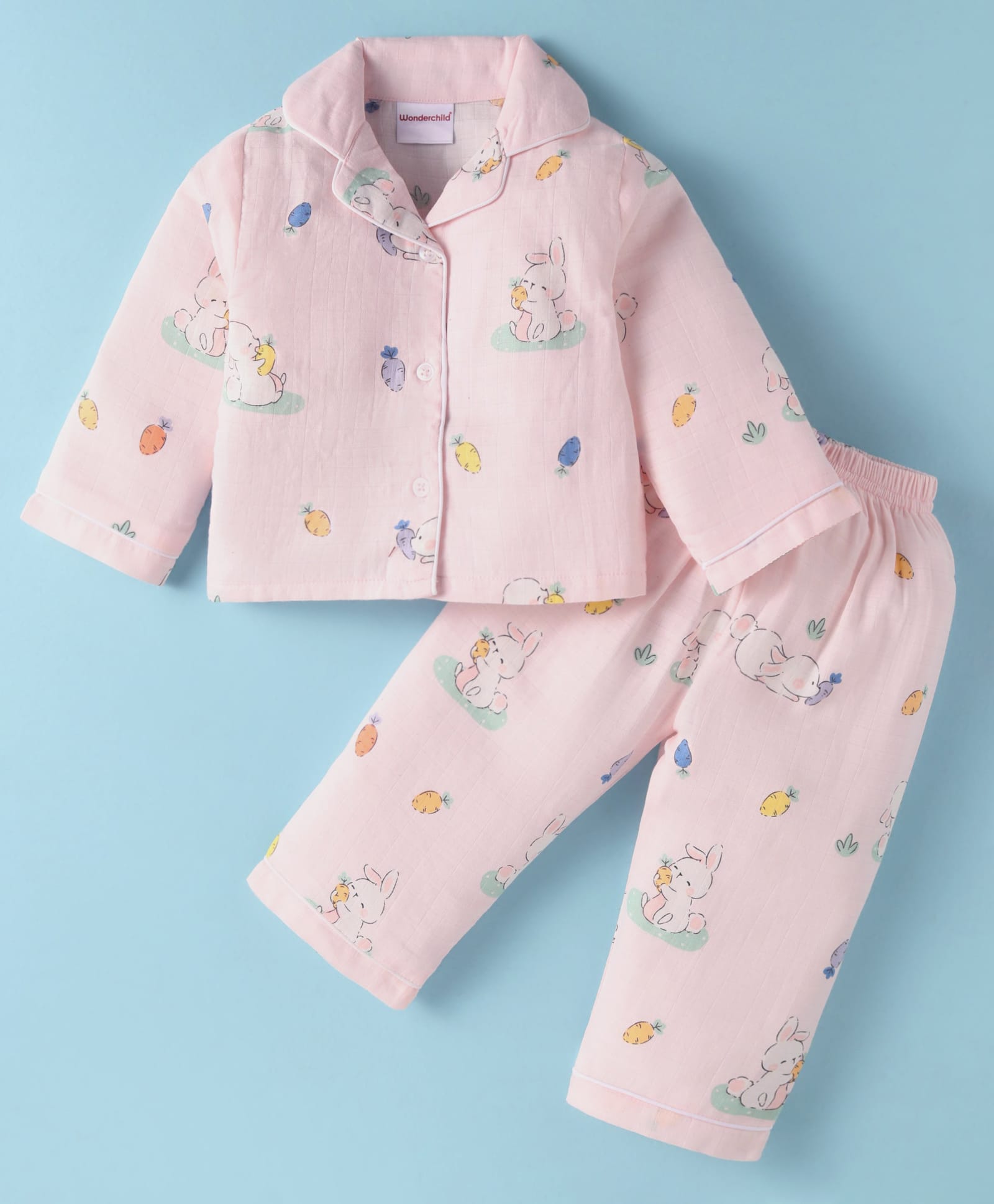 Wonderchild Interlock Woven Full Sleeves Rabbit Printed Coordinating Night Suit Set - Pink-image-17