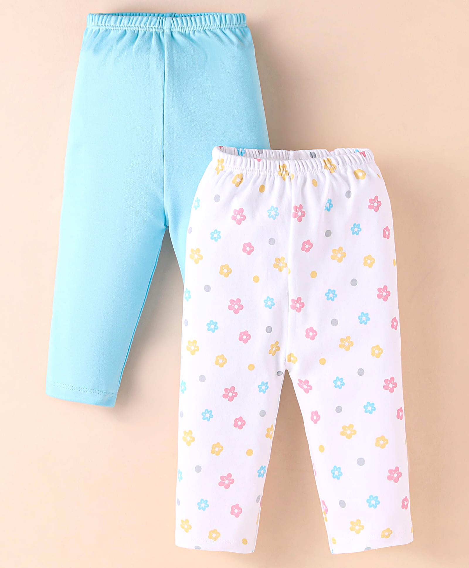 Wonderchild Pack Of 2 Floral Printed & Solid Leggings - Sky Blue & White-image-0