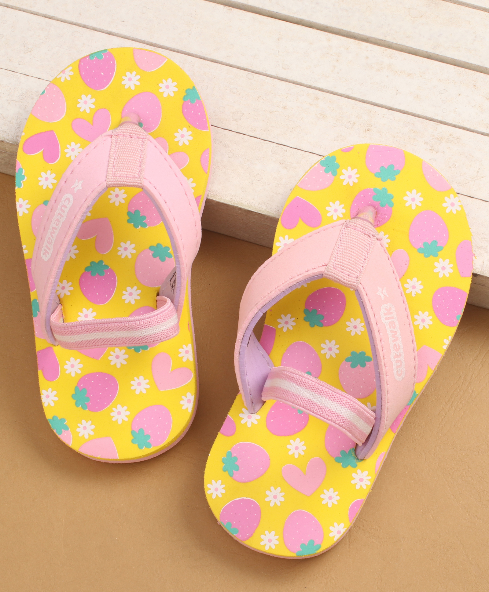 Cute Walk by Babyhug Flip Flops with Back Strap Closure & Strawberry Print - Yellow & Pink