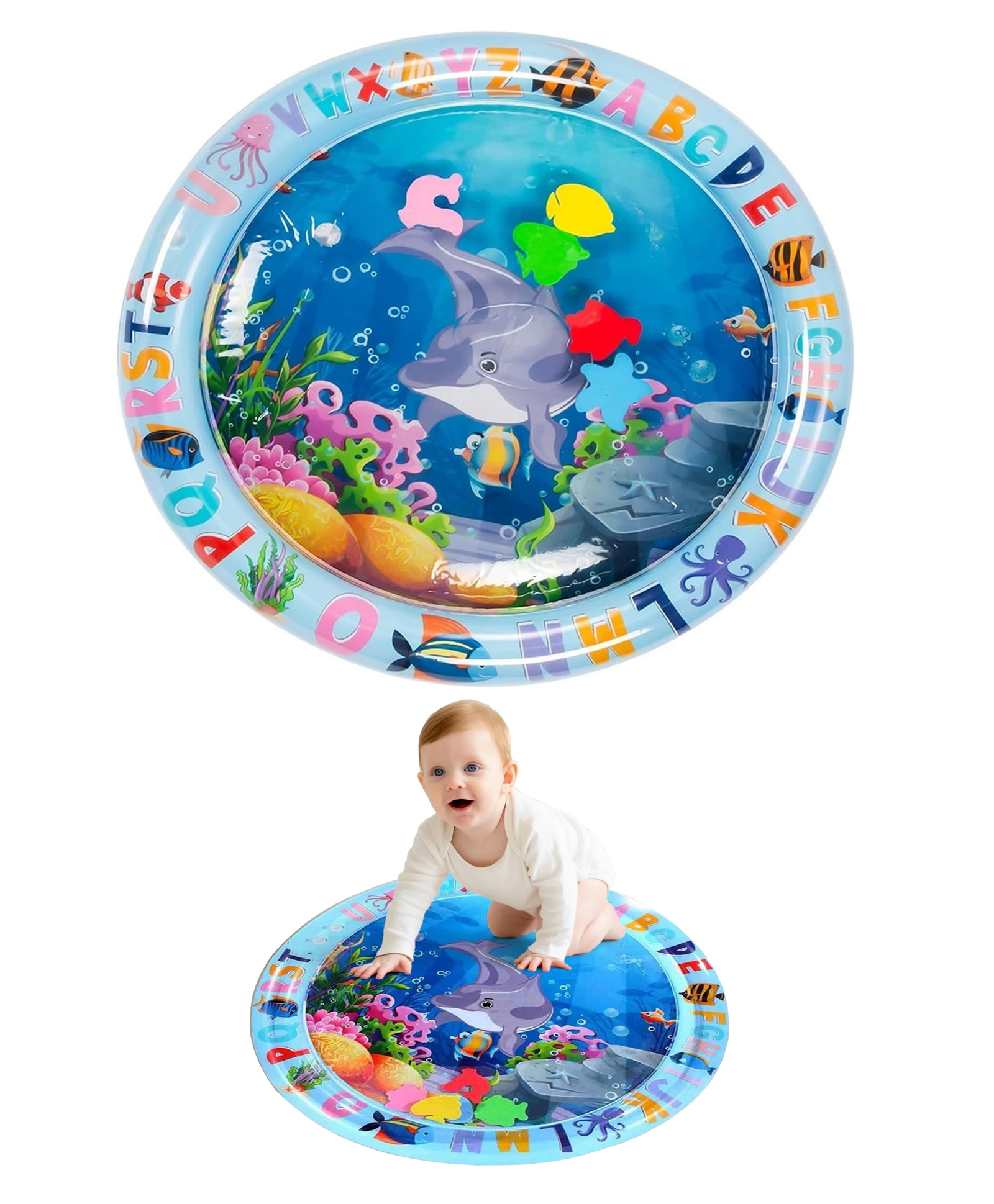 MUREN Reusable Water Playing Mat Tummy Time, Inflatable Circle Mat with 5 Floating Toys, Assorted Color and Design Pack of 1-picture-13