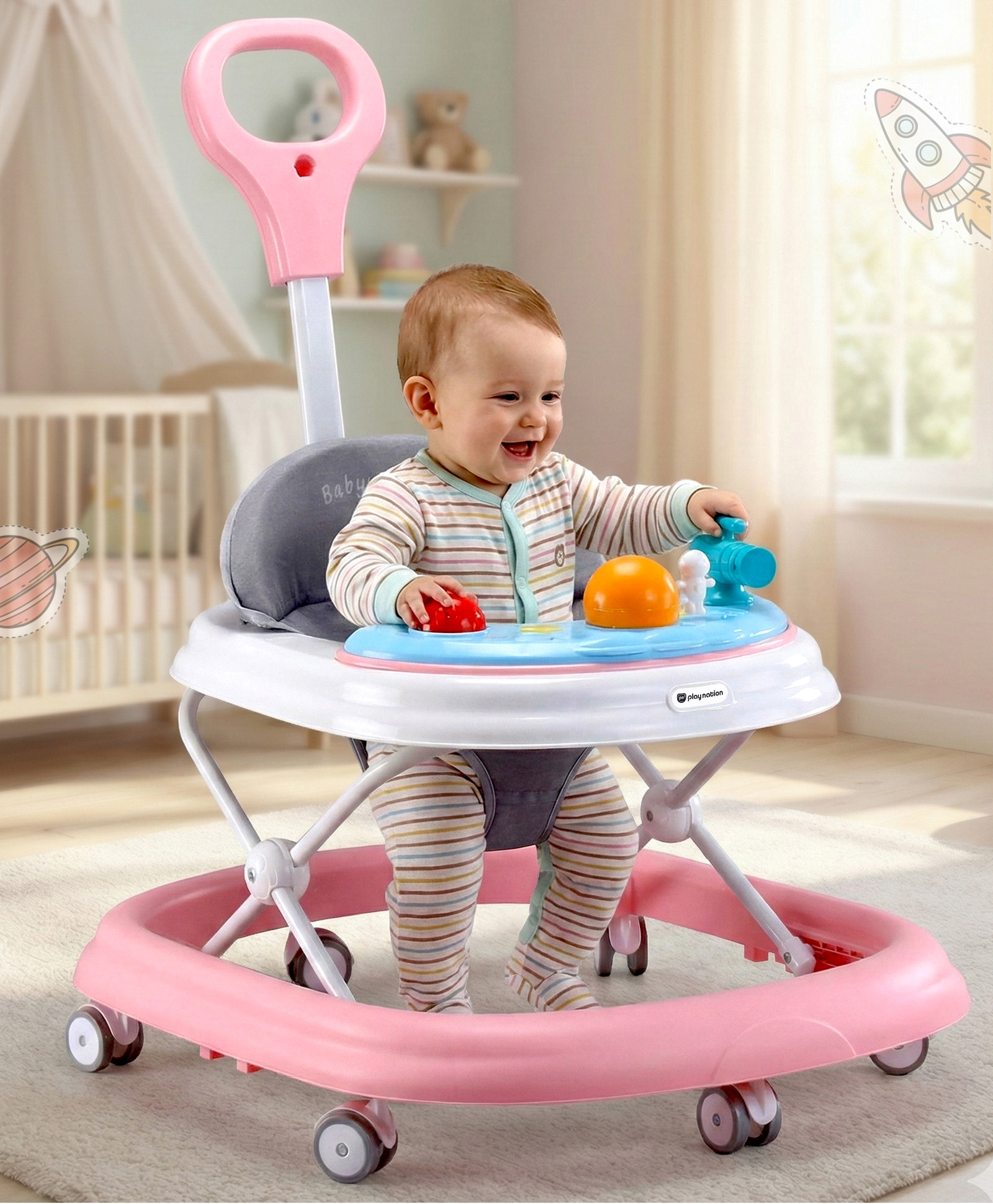 Play Nation Foldable Baby Walker with Parental Push Handle & Musical Toy Bar - Pink| Cushion Seat| Adjustable Height| Smooth Swivel Wheels| Removable Parental Handle