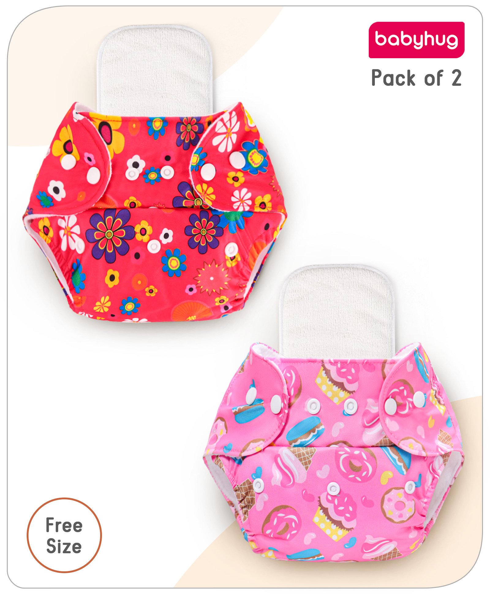 BabyhugFree Size Floral & Donut Printed Reusable Cloth Diaper with Inserts Pack of 2 - Multicolour-image-39