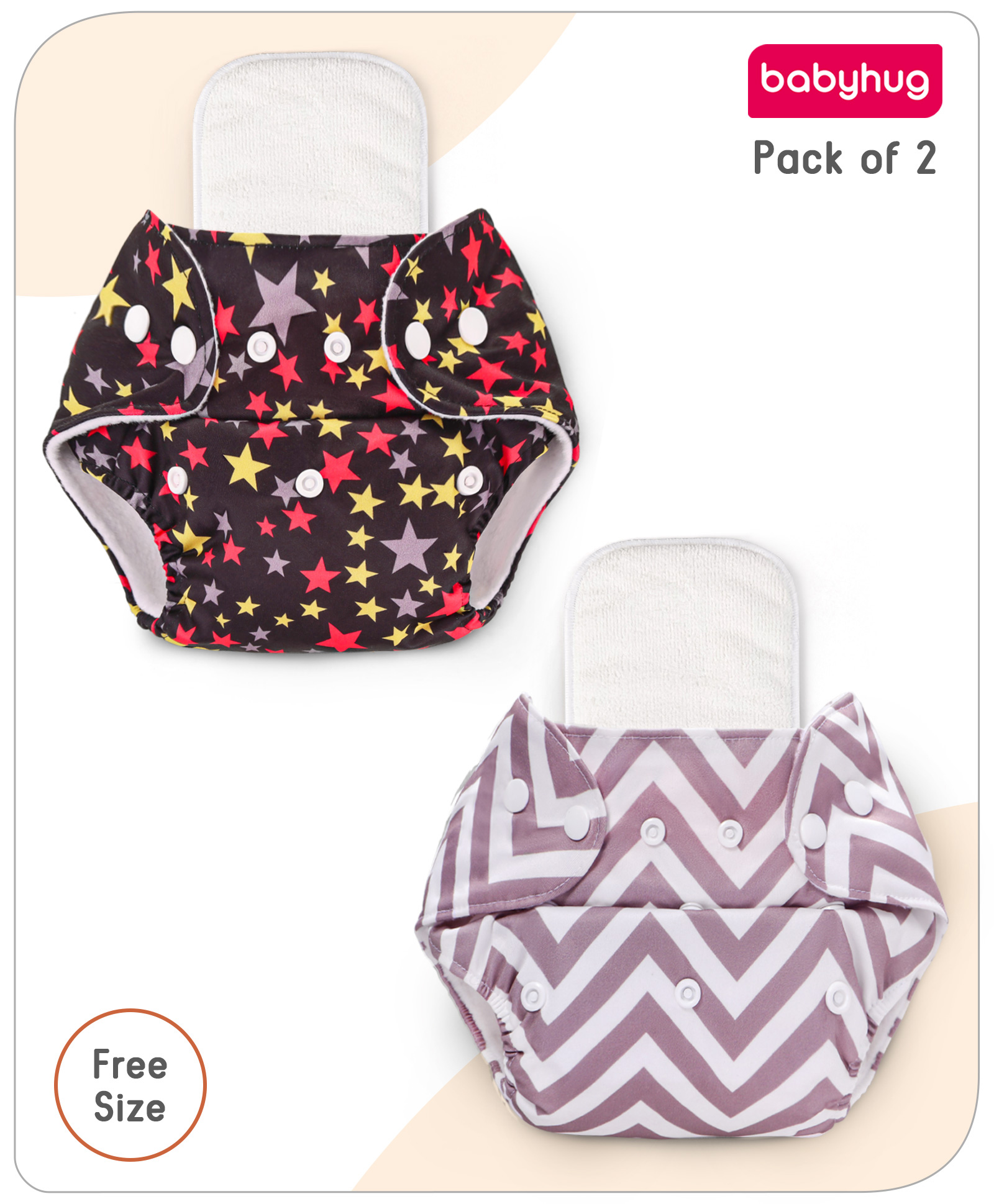 BabyhugFree Size Star & Zigzag Printed Reusable Cloth Diaper with Inserts Pack of 2 - Multicolour