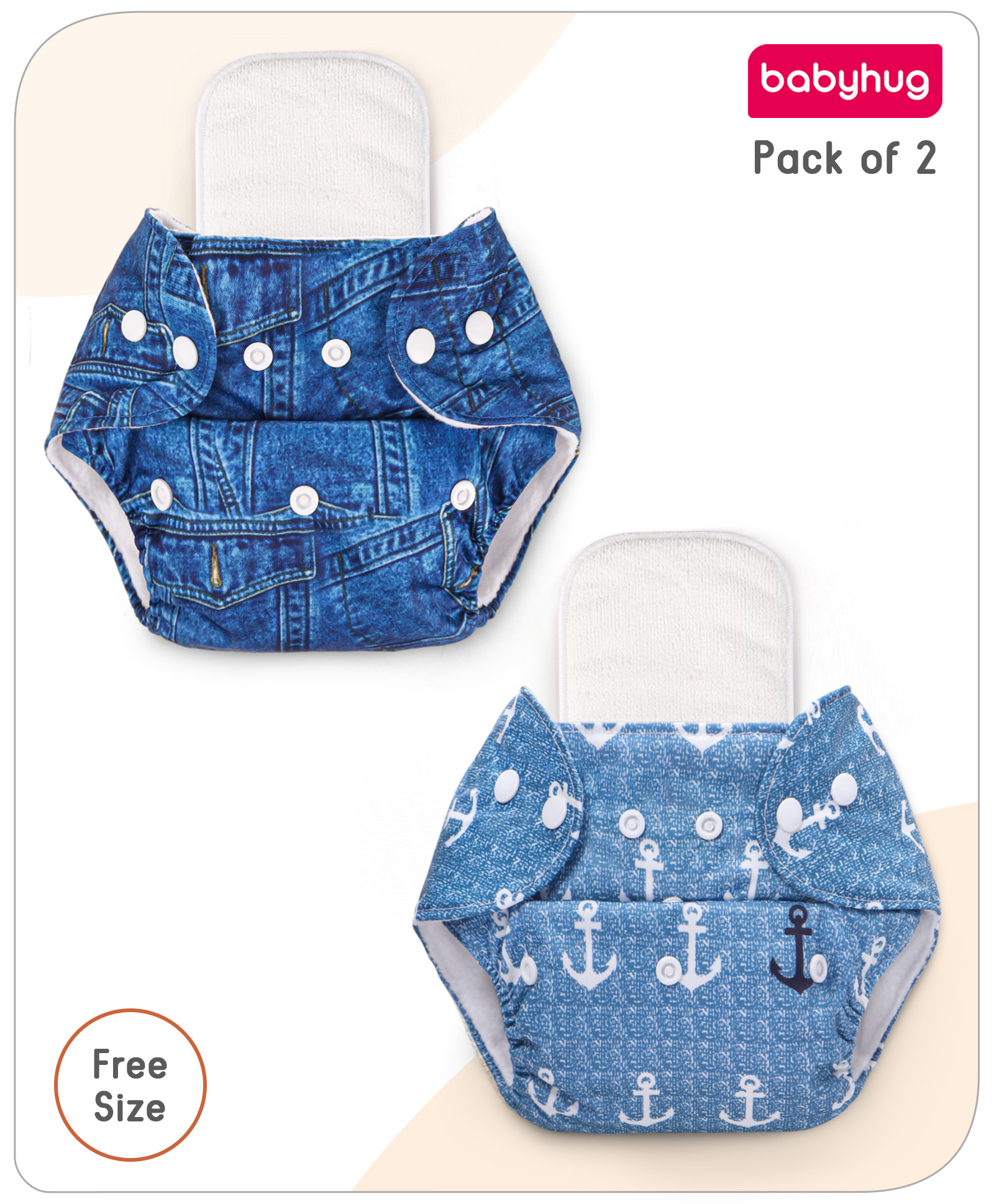 BabyhugFree Size Inserted Anchor & Denim Prints Reusable Cloth Diaper with Inserts Pack of 2 - Multicolour-image-41