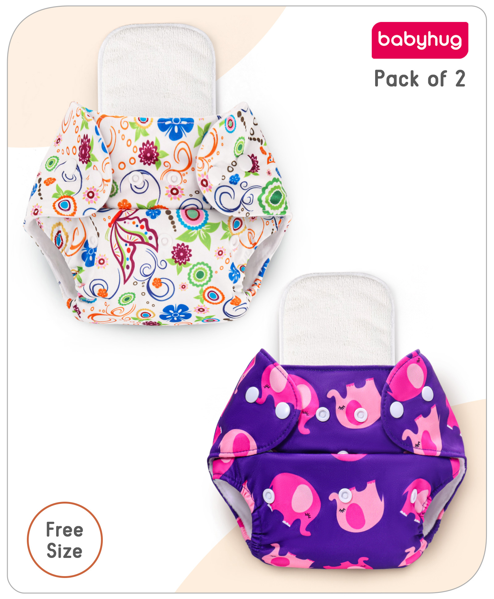BabyhugFree Size Elephant & Abstract Prints Reusable Cloth Diaper with Inserts Pack of 2 - Multicolour-image-38
