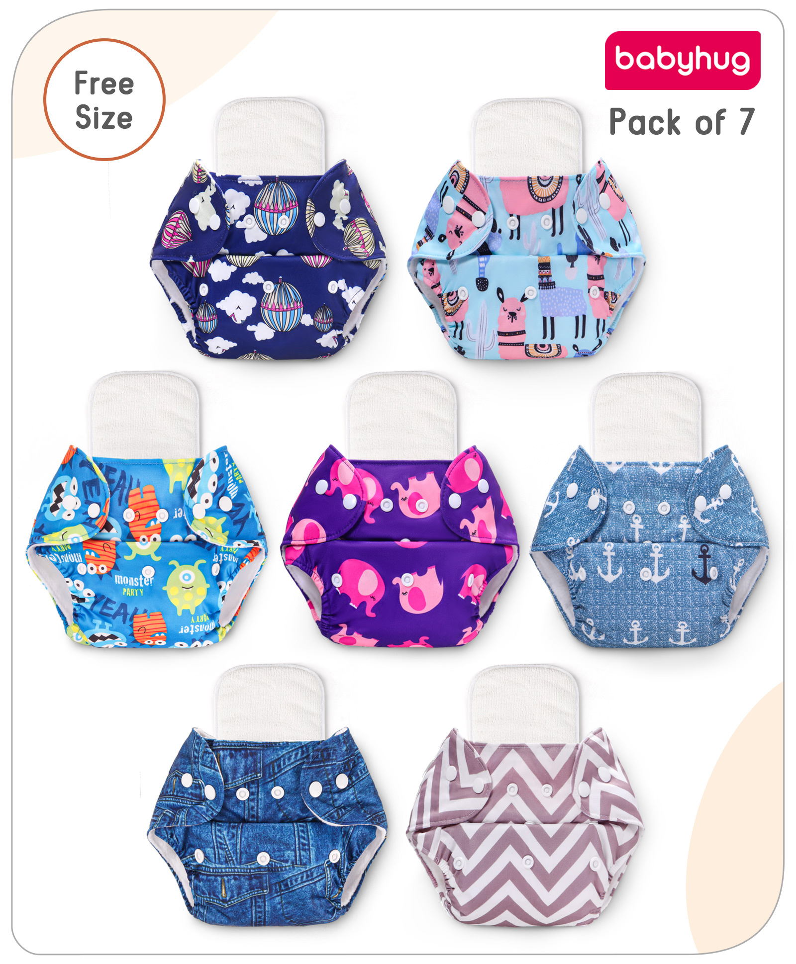 Babyhug Printed Free Size Reusable Cloth Diaper with Inserts Pack of 7 - Multicolour