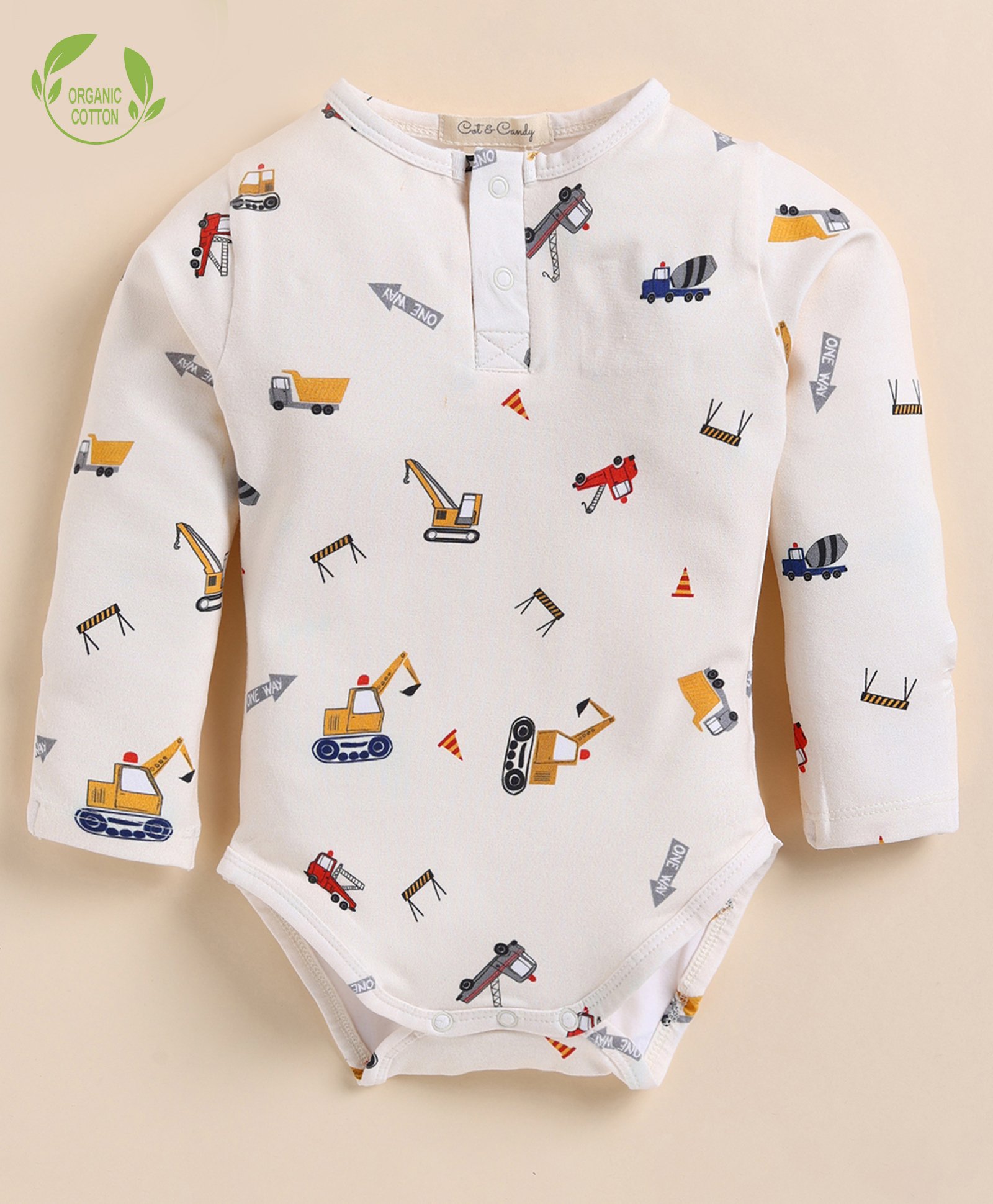 Cot & Candy Organic Cotton Full Sleeves Construction Vehicles Printed Onesie - Cream-picture-36
