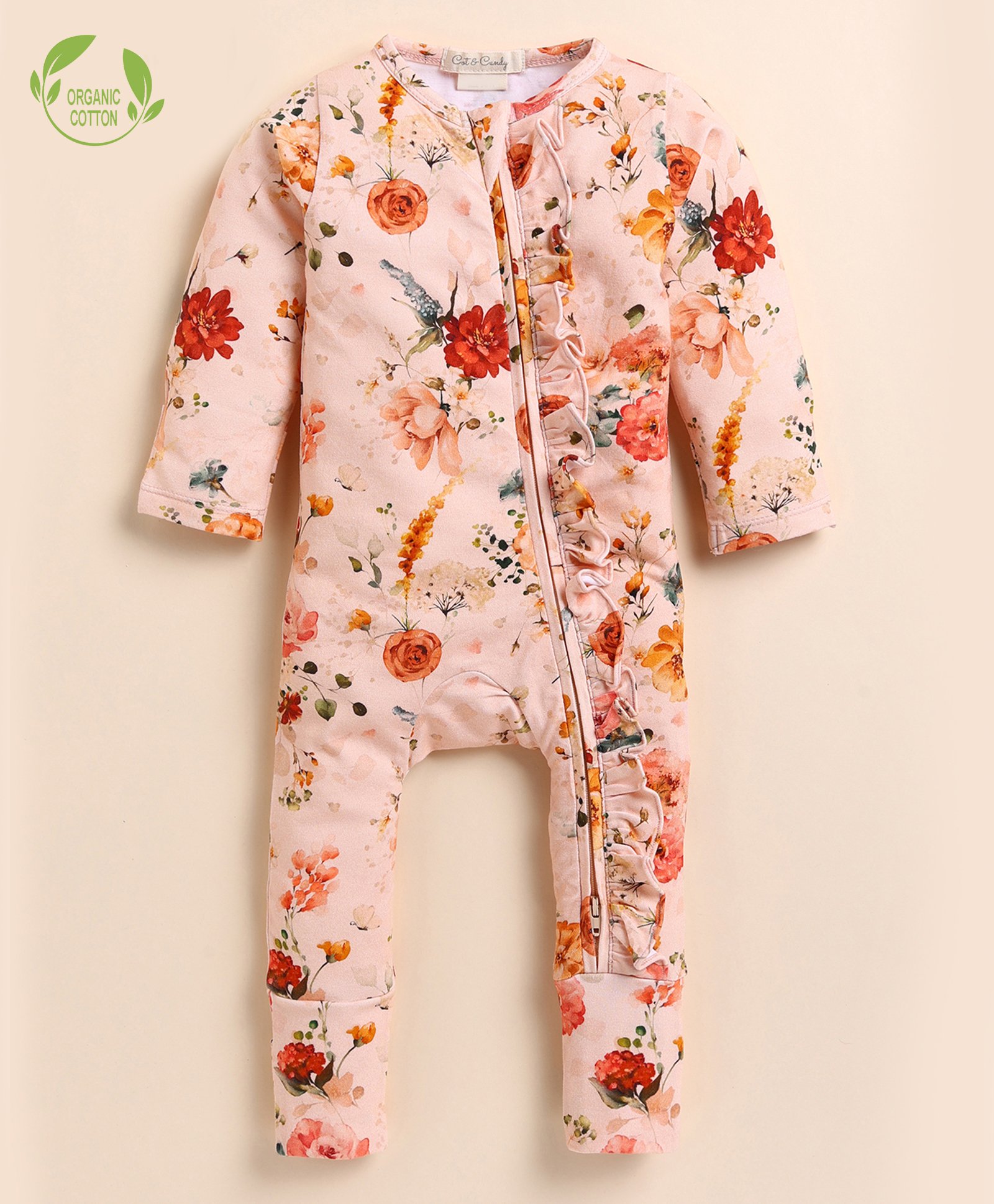 Cot & Candy Organic Cotton Full Sleeves Frill Detailed Floral Printed Romper - Peach-picture-38