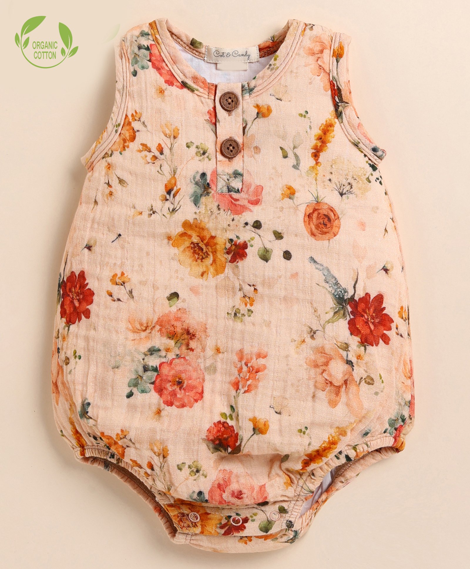 Cot & Candy Organic Cotton Sleeveless Floral Printed Bubble Onesie - Peach-picture-38