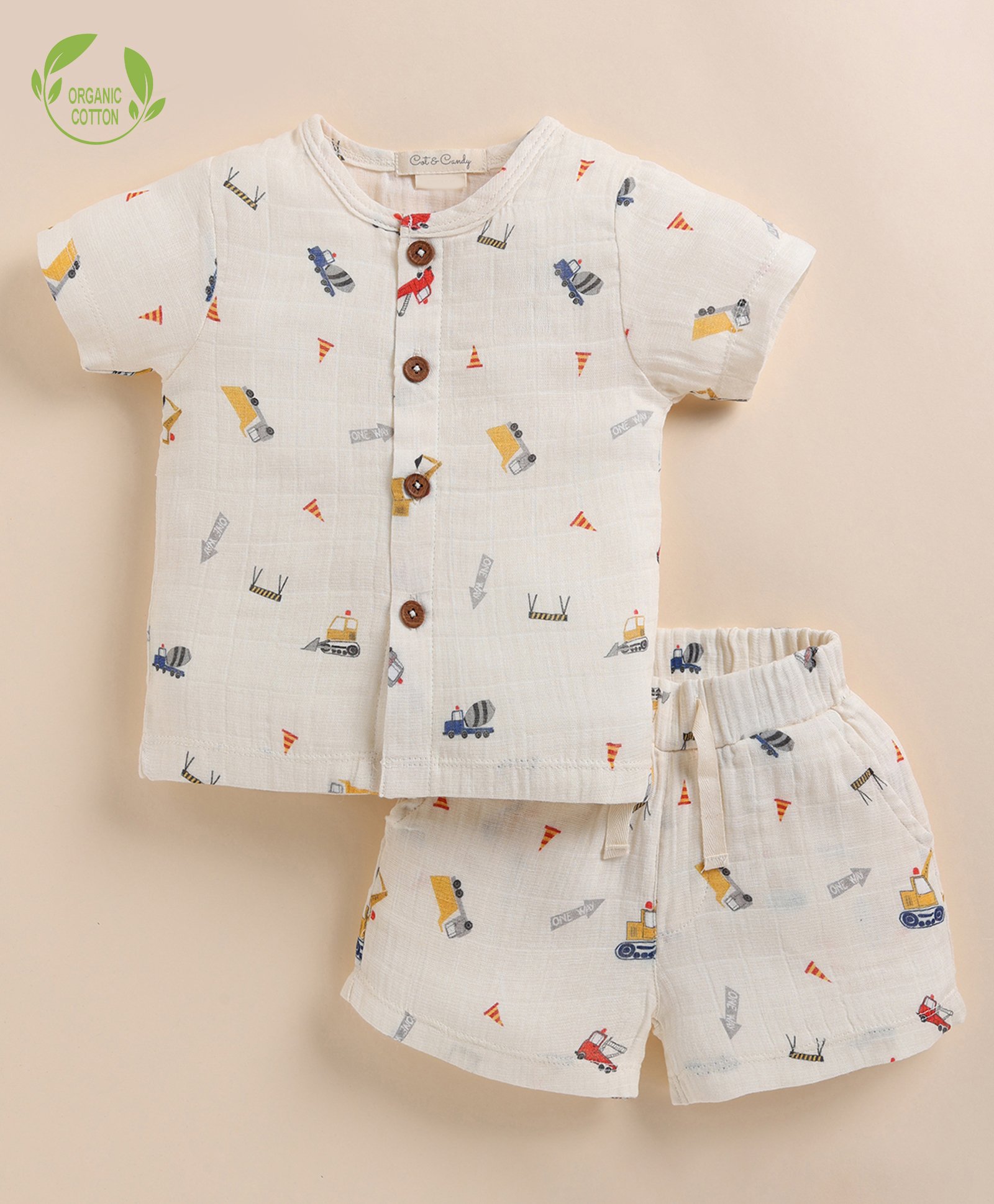 Cot & Candy Organic Cotton Half Sleeves Construction Theme Printed Jhabla With Coordinating Shorts Set - Cream-image-37