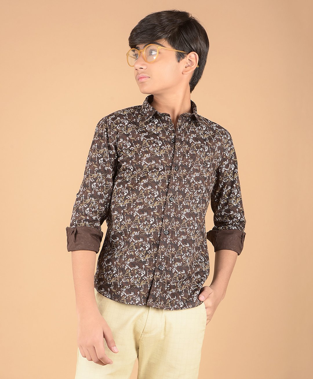 CRIMSOUNE CLUB 100% Cotton Full Sleeves Floral Printed Shirt - Brown-picture-12