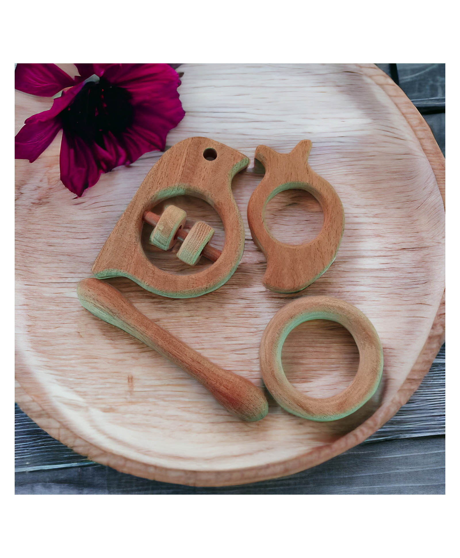 neemtoys Neem Wooden Rattle & Teethers - Sparrow, Mango, Dumbbell & Ring-image-5