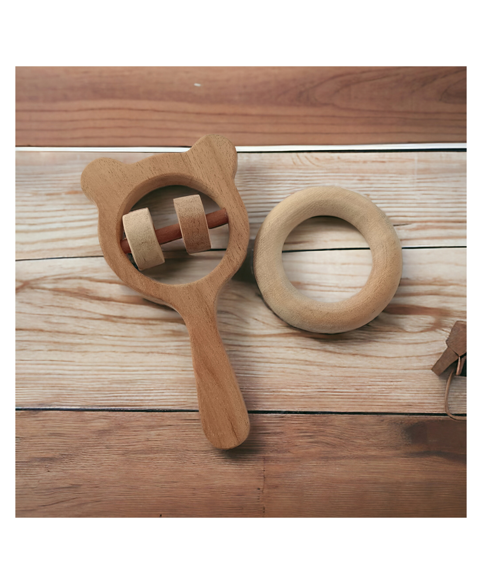 neemtoys Neem Wooden Combo of Rattle & Teether- Mickey Head & Ring Shapes-picture-25