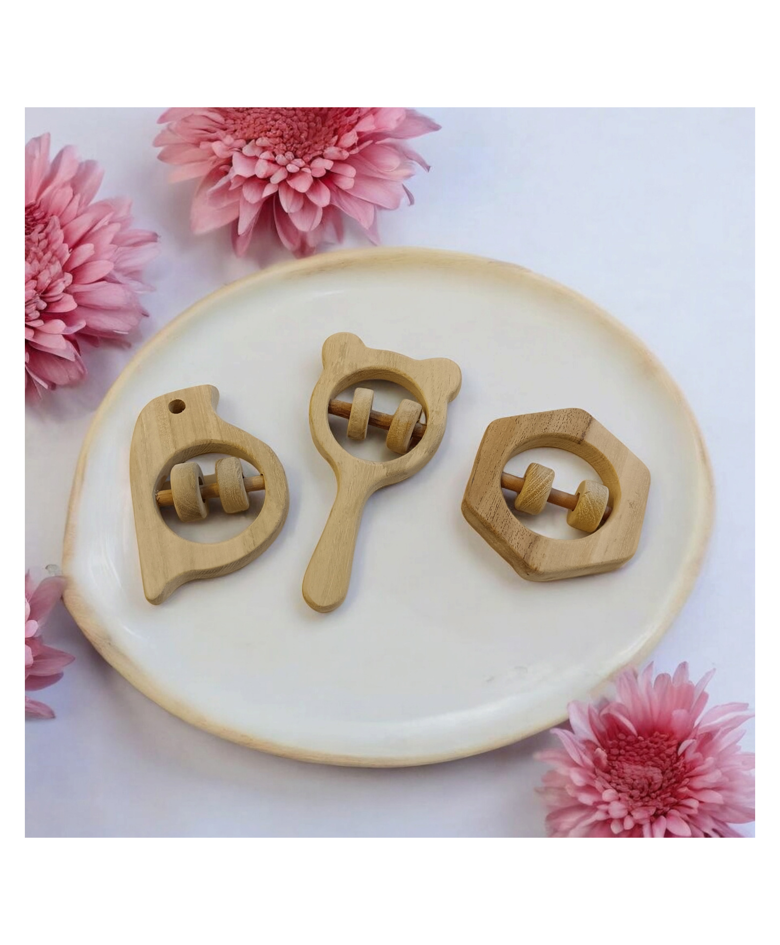 neemtoys Sensory Developing Rattles - Sparrow, Mickey Head & Hexagon Shaped - Sourced From Best Quality Neem Wood-image-25