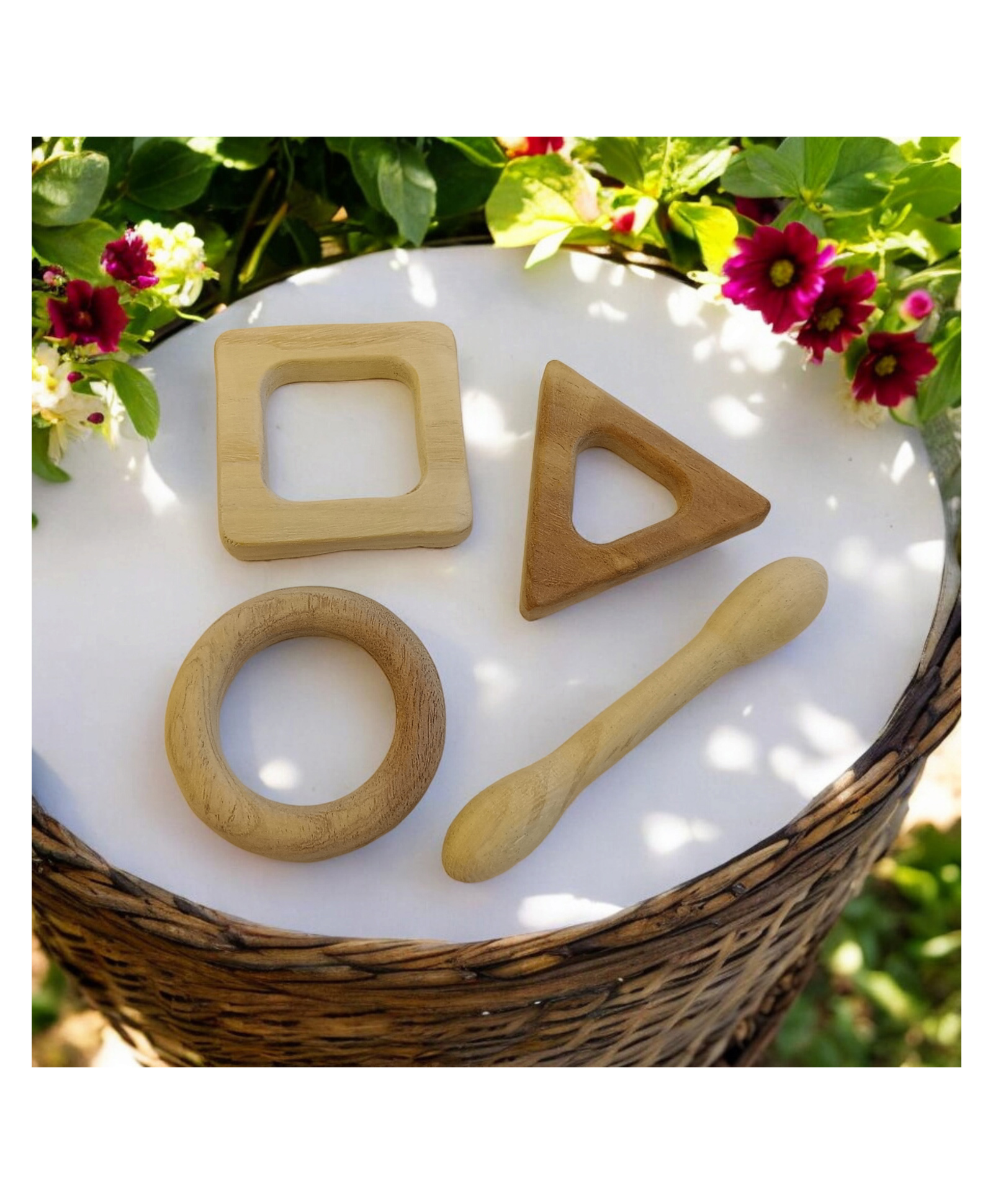 neemtoys Neem Wooden Teethers For Babie | Dumbbell, Ring, Square & Triangle-image-1