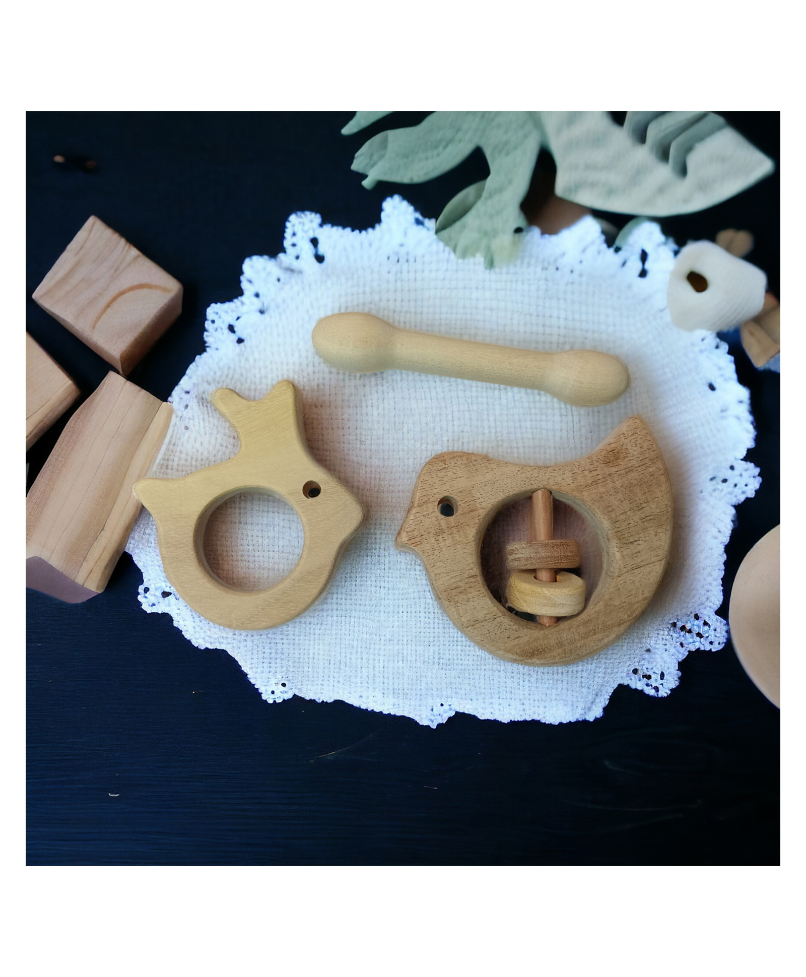 neemtoys Beautiful Dove Rattle & Dumbbell & Rabbit Shaped Teethers made from Pure Neem Wood-image-2