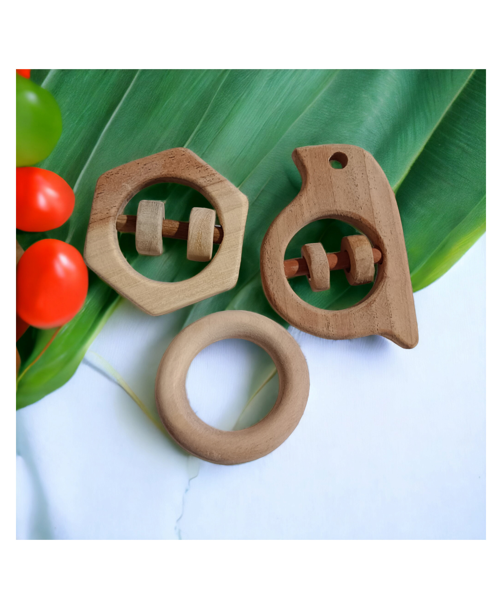 neemtoys Neem Wooden Rattles & Teethers - Sparrow, Hexagon & Ring Shapes-image-2