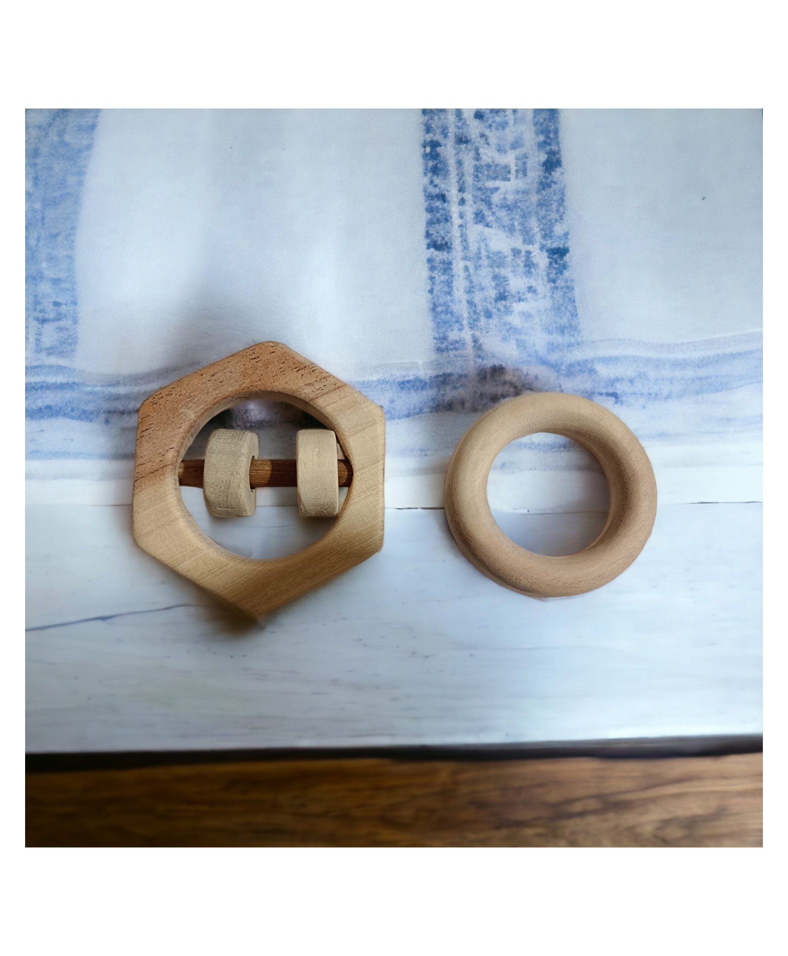 neemtoys Baby Chilling Neem Wooden Rattle & Teether Set of 2 Toys- Hexagon & Ring Shapes-picture-18