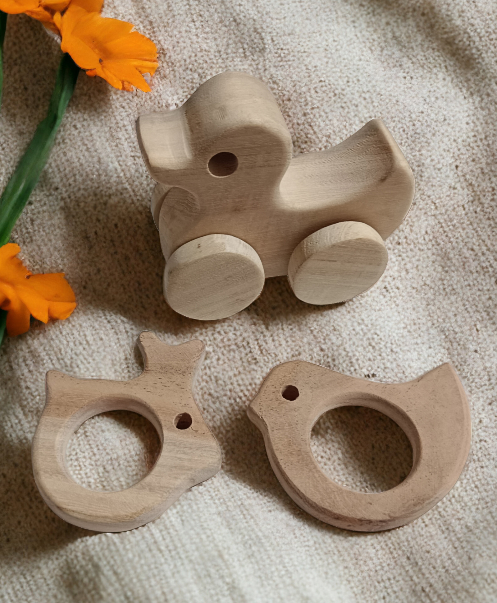 neemtoys 100% Natural Neem Wooden Teethers & Wheel Toy - Bunny, Dove & Duck Shapes-picture-23