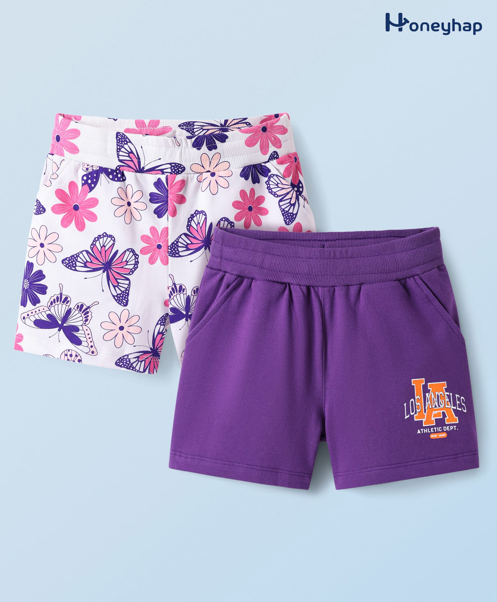 Honeyhap Premium 100% Cotton Knit Above Knee Length Shorts With Text Print Pack of 2 - Pansy & Bright White-image-29