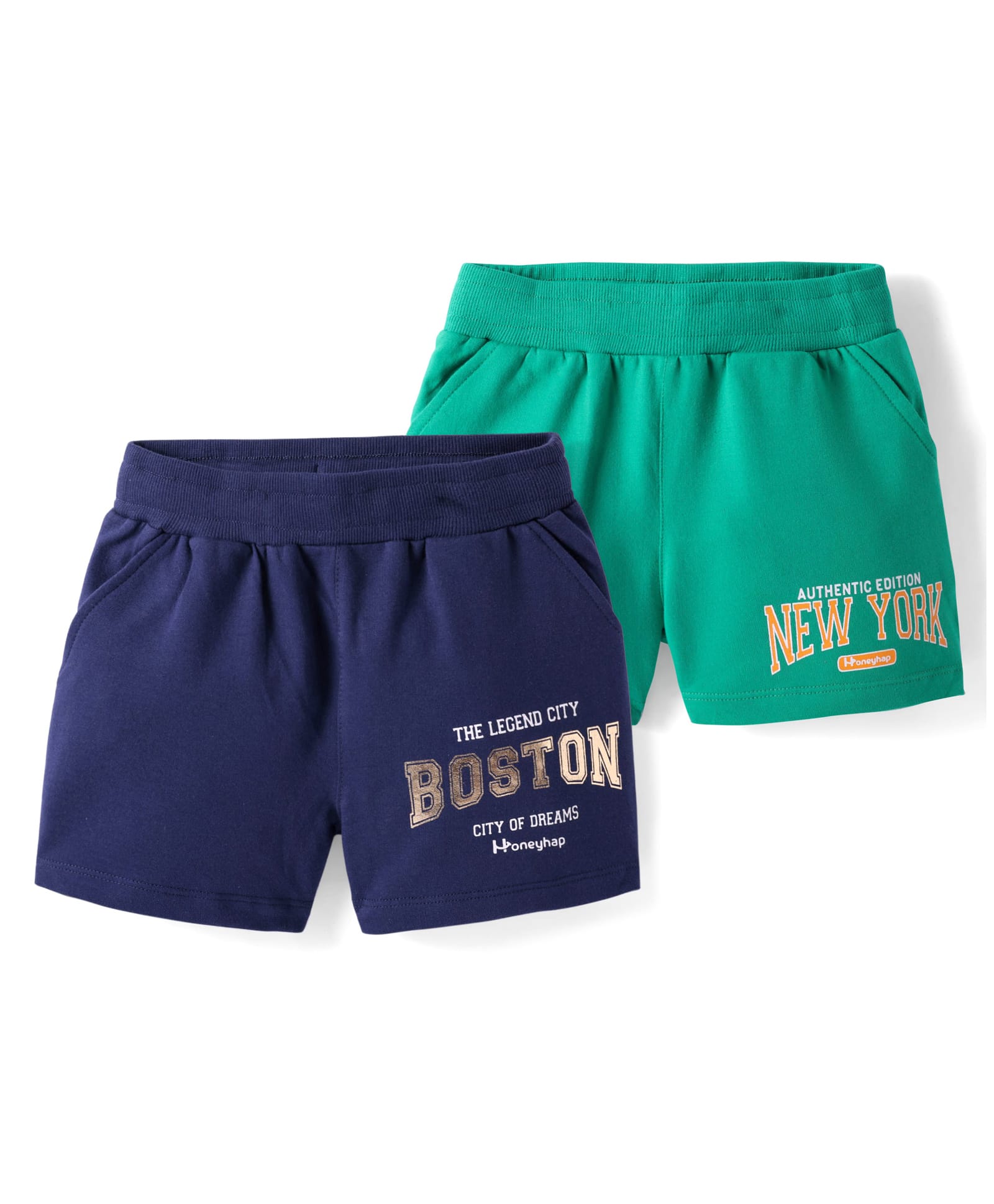 Honeyhap Premium 100% Cotton Knit Above Knee Length Shorts With Text Print Pack of 2 - Mint & Navy Peony-image-44